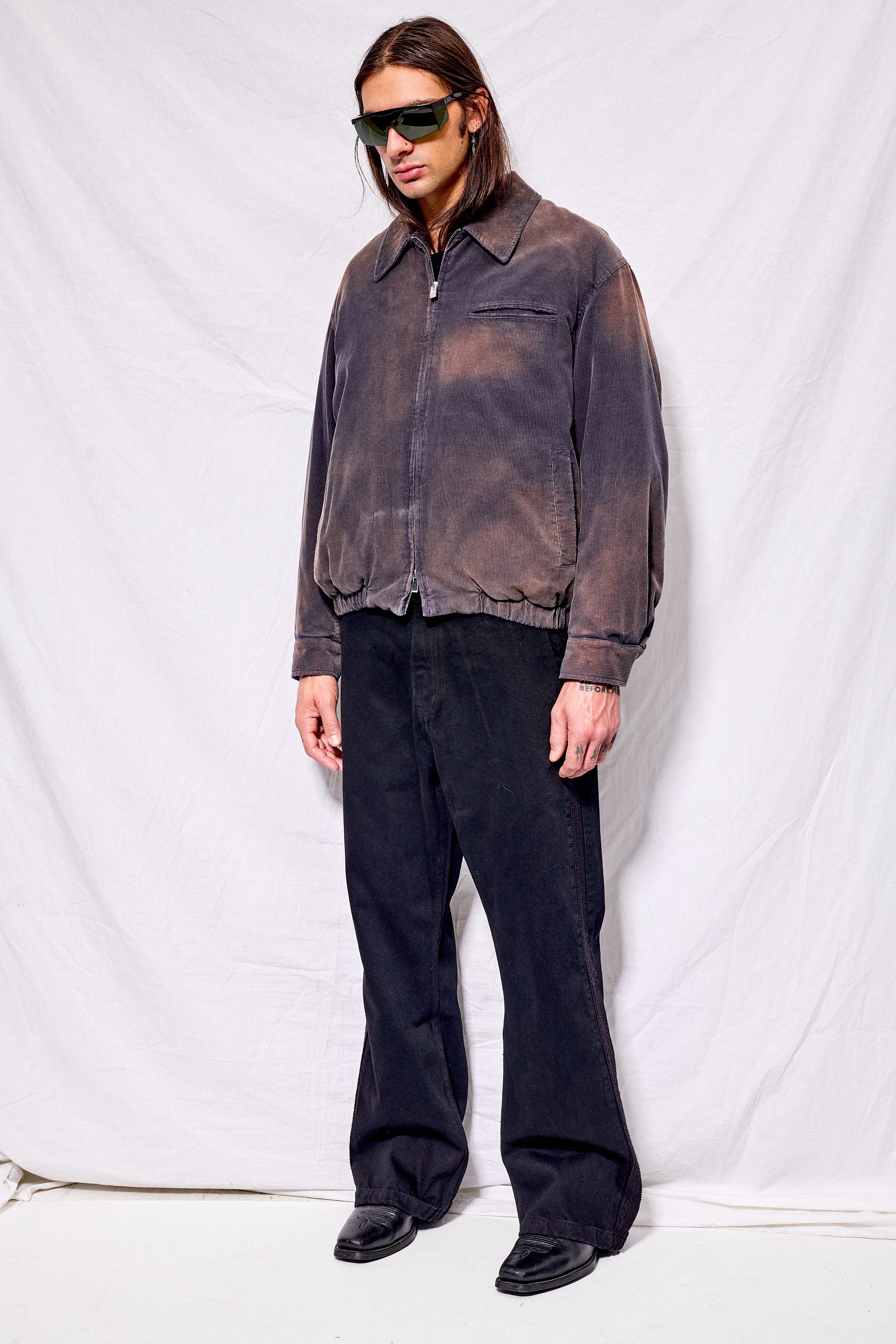 Bleached Navy Garment Washed Corduroy Bomber Jacket