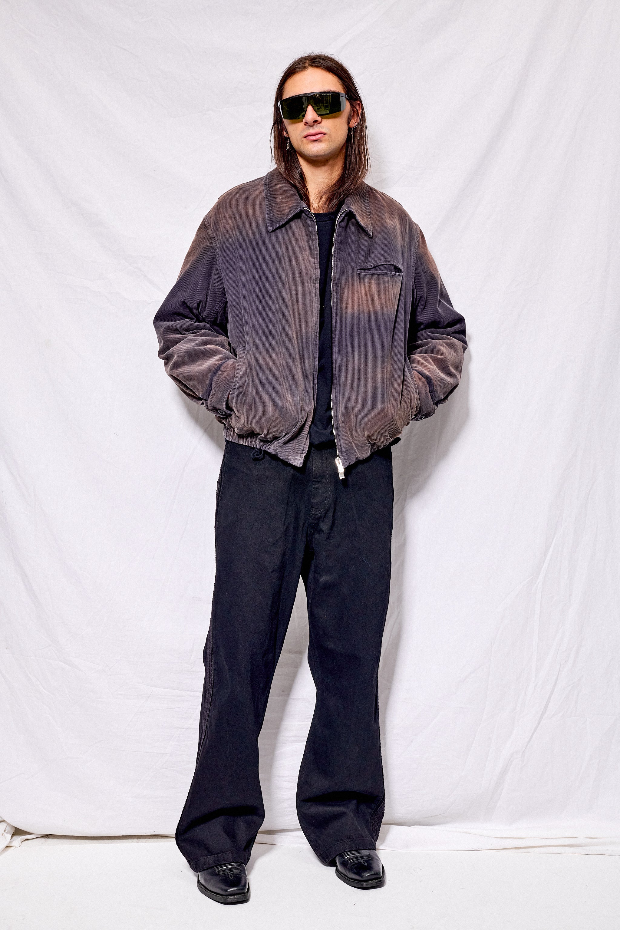 Bleached Navy Garment Washed Corduroy Bomber Jacket