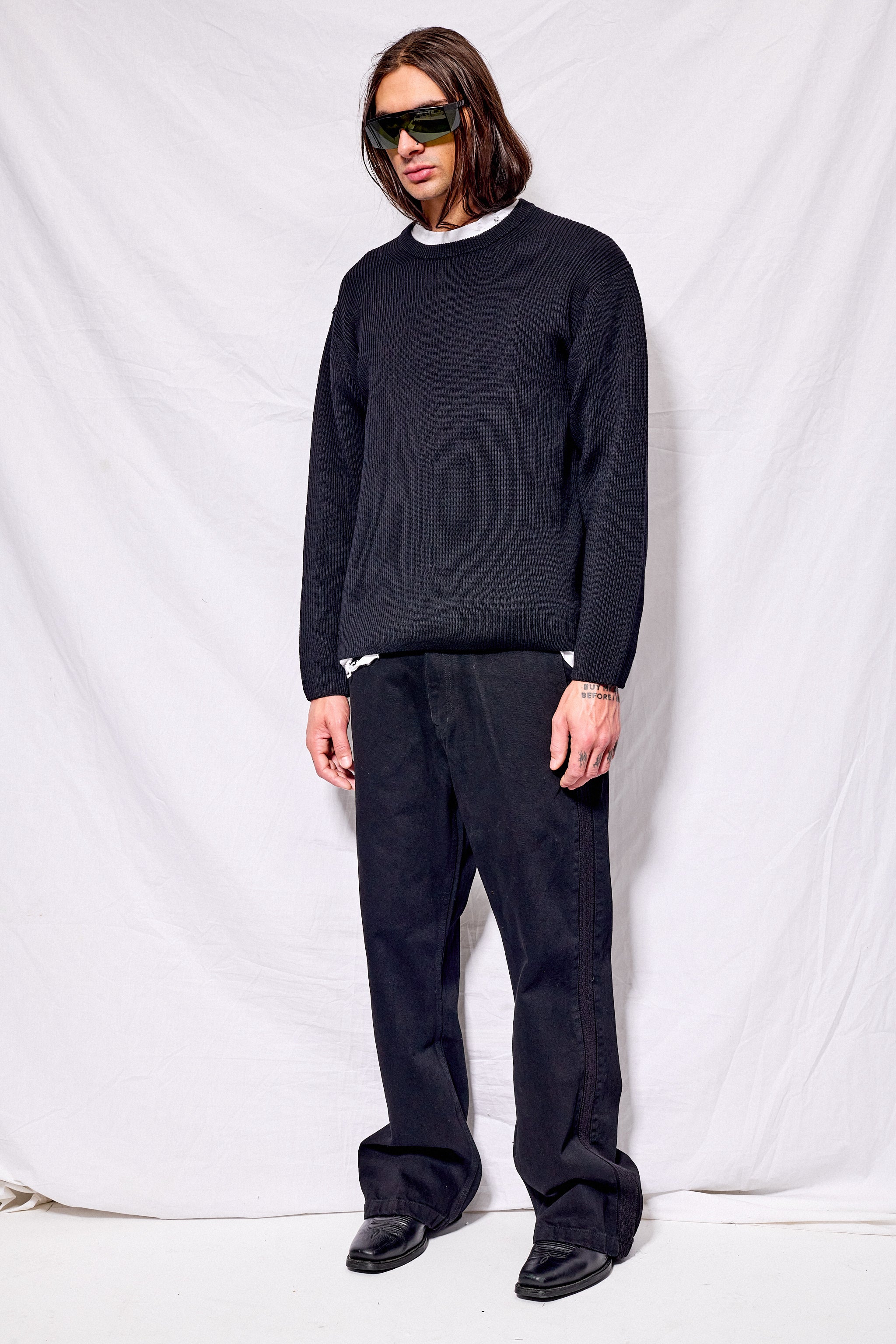 Black Solid Wool Rib Crewneck