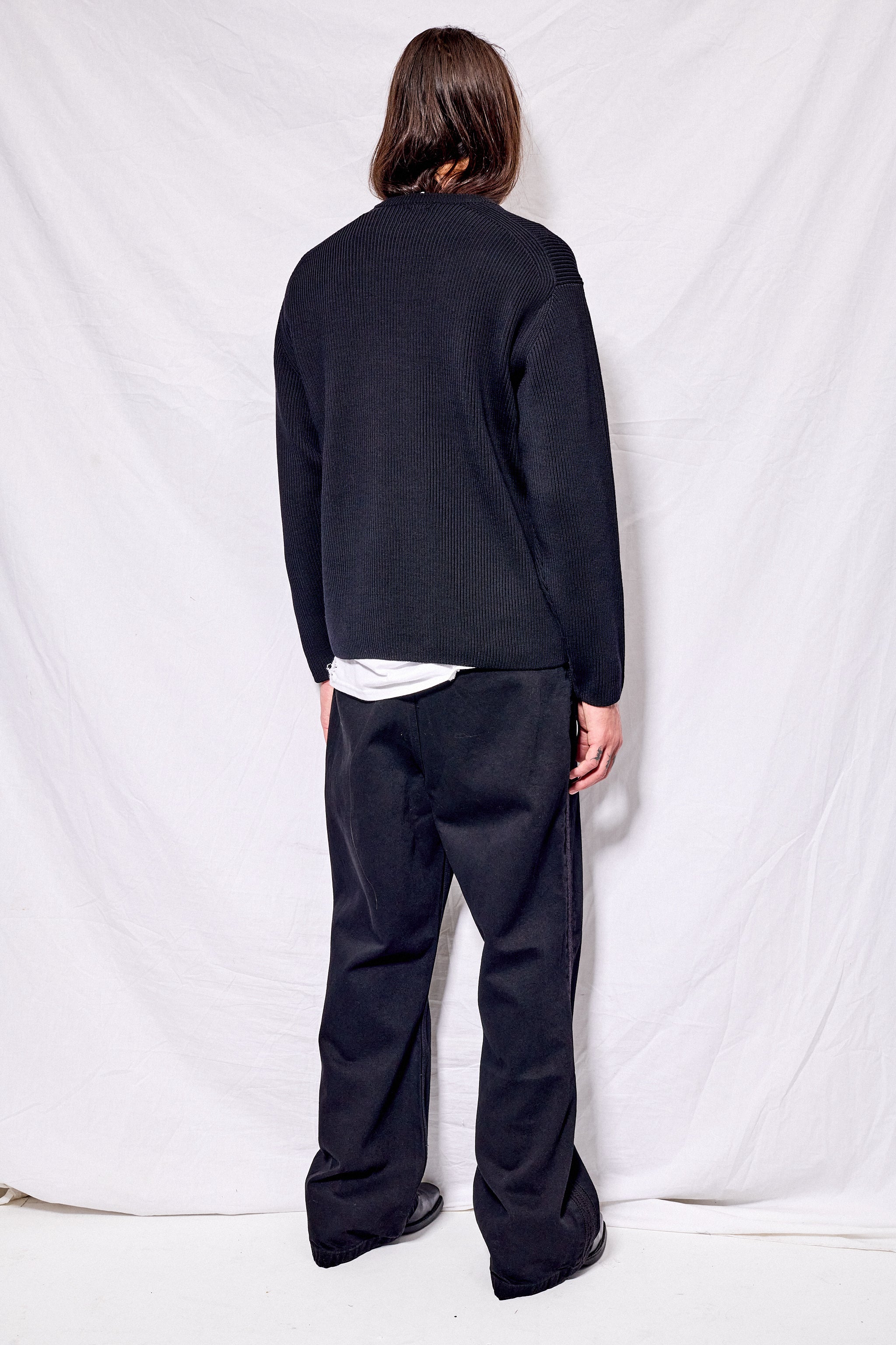 Black Solid Wool Rib Crewneck