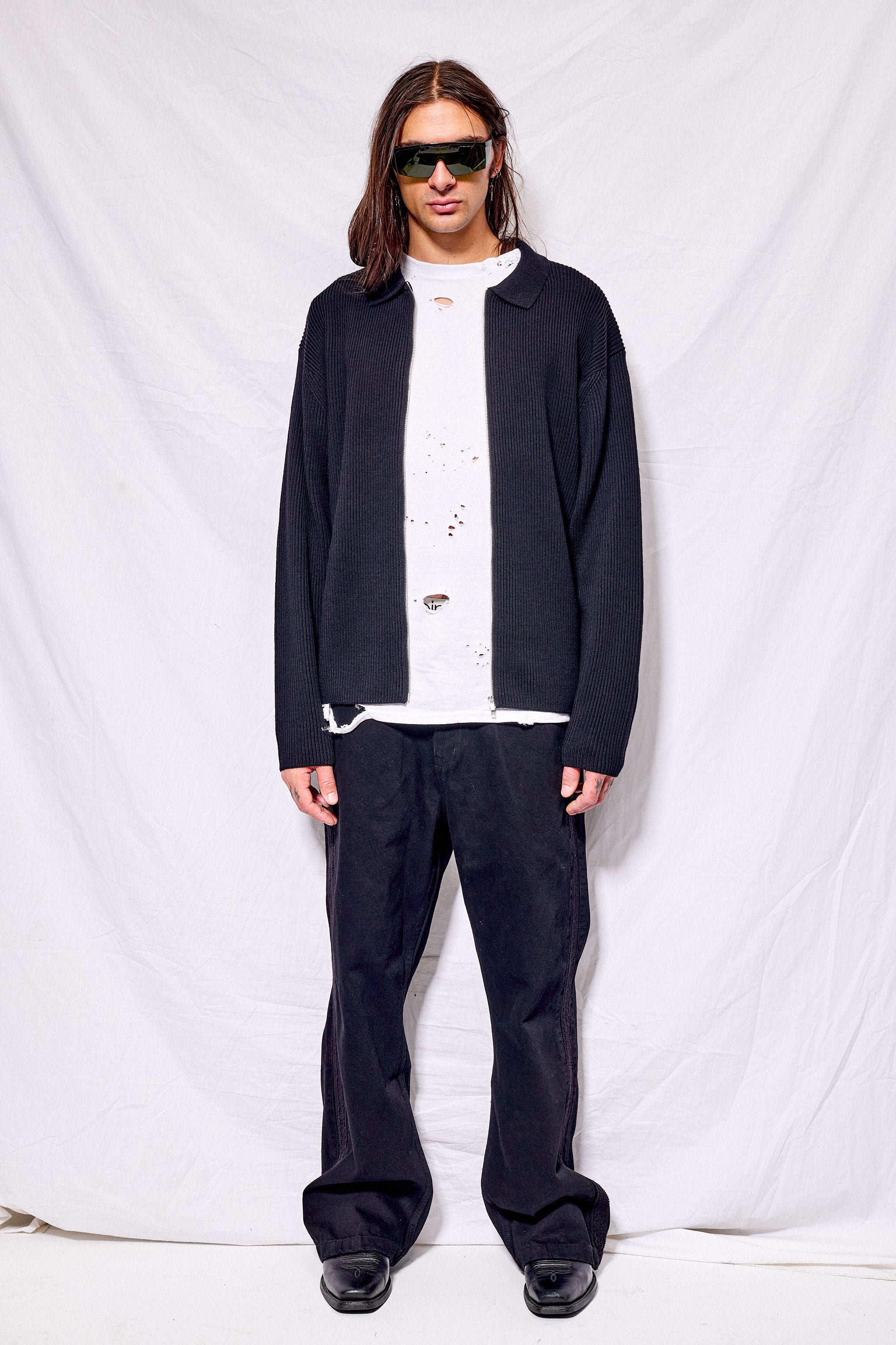 Black Solid Wool Rib Polo Zipup Cardigan