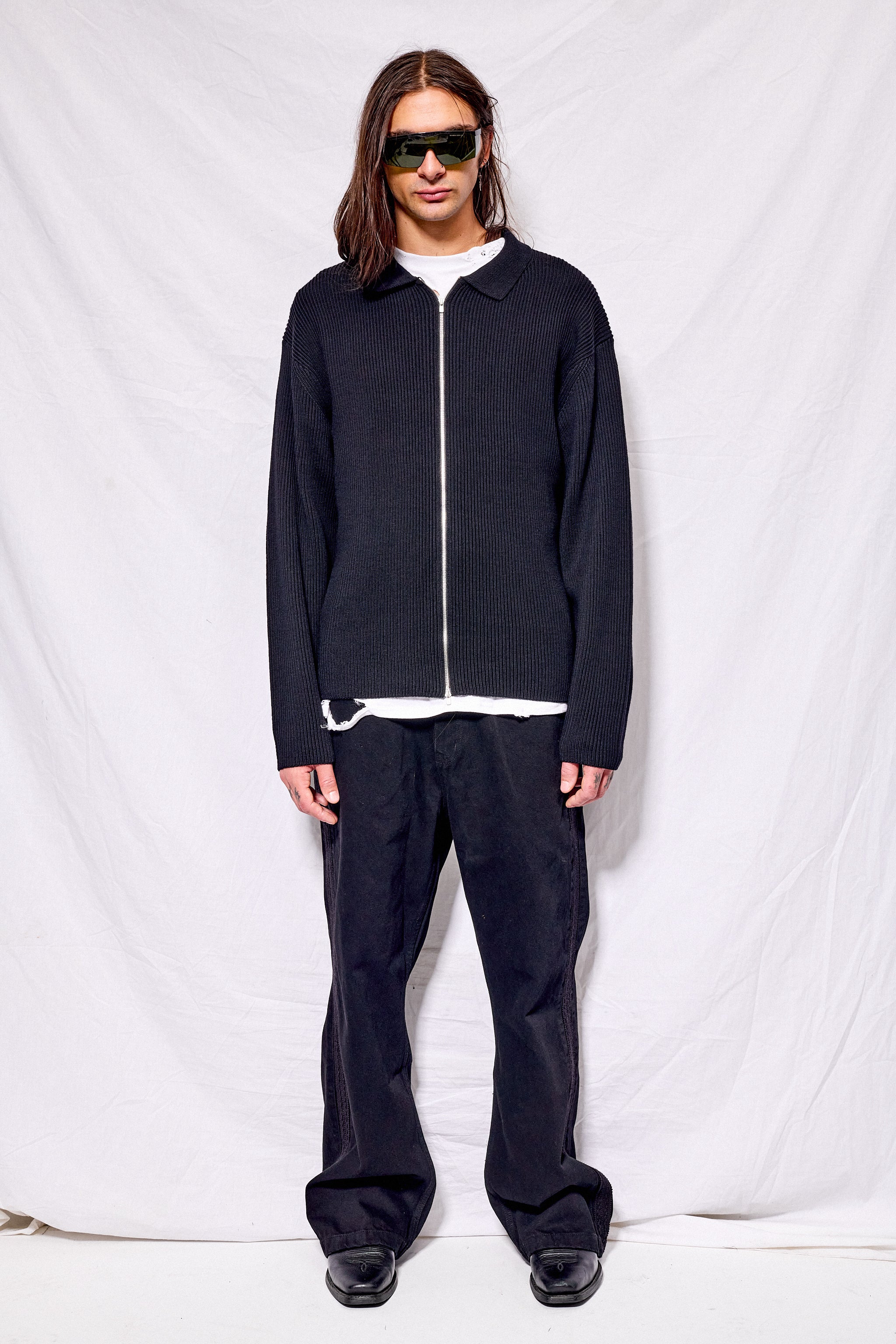 Black Solid Wool Rib Polo Zipup Cardigan - Batoner – Assembly New York