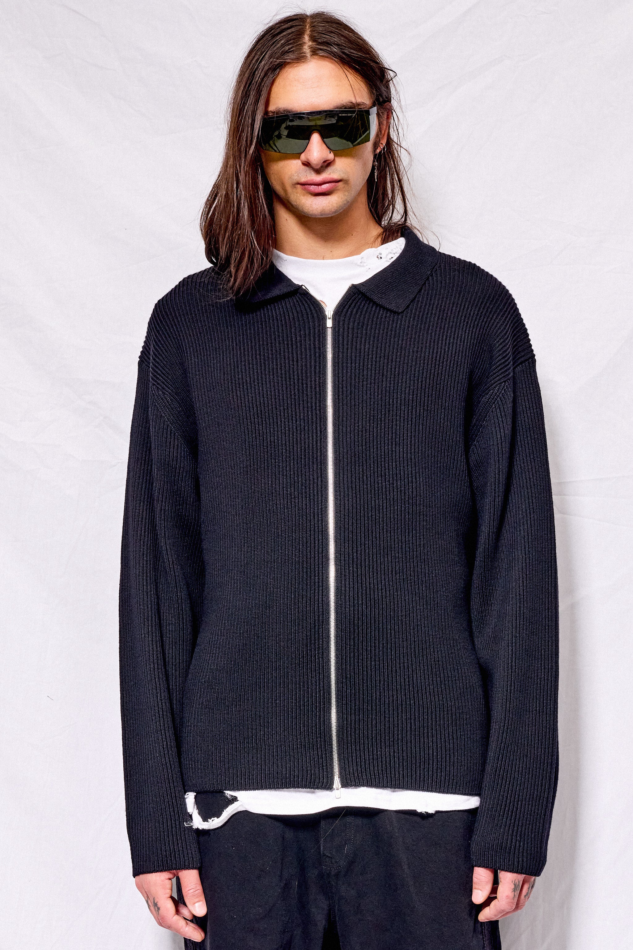 Black Solid Wool Rib Polo Zipup Cardigan
