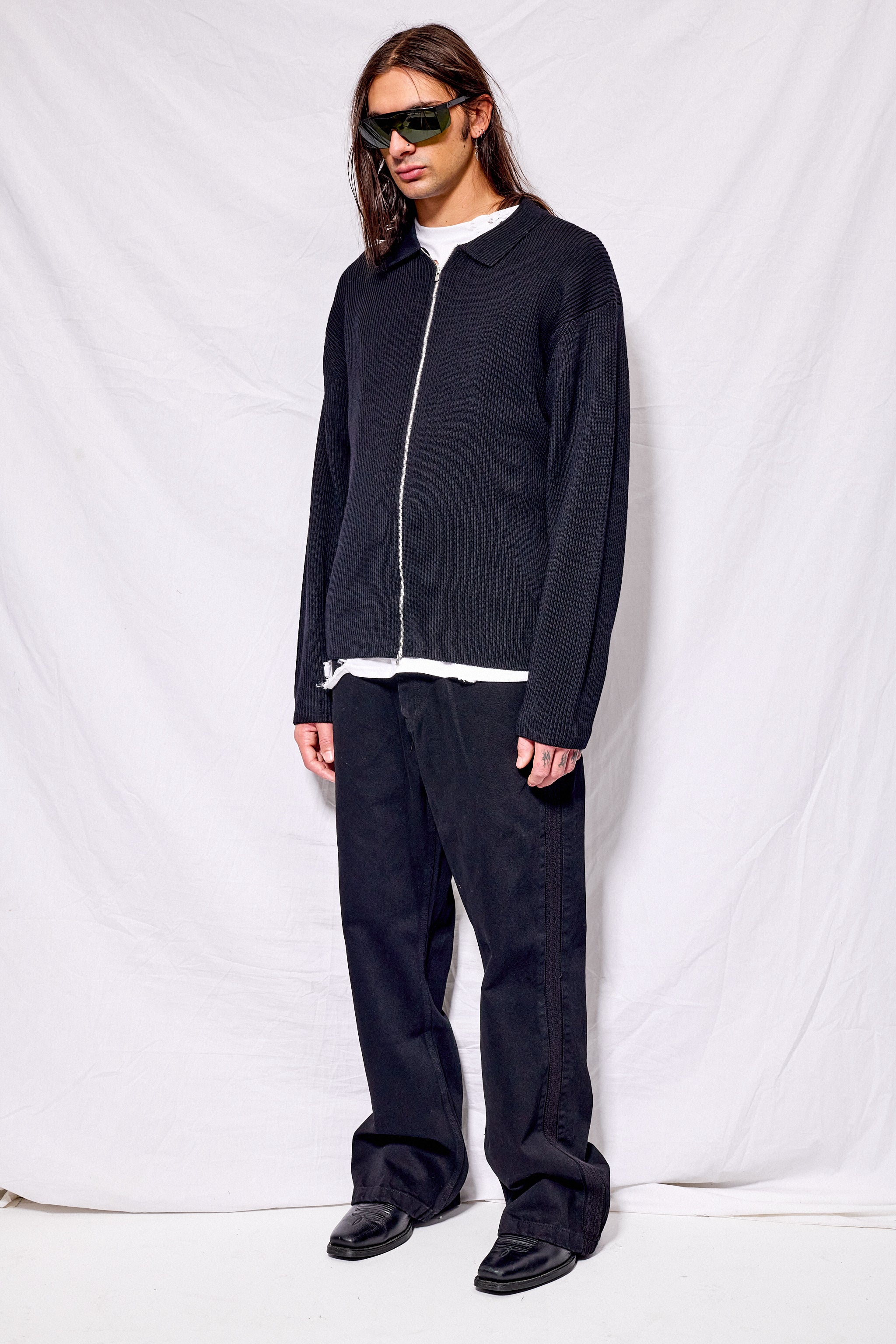 Black Solid Wool Rib Polo Zipup Cardigan