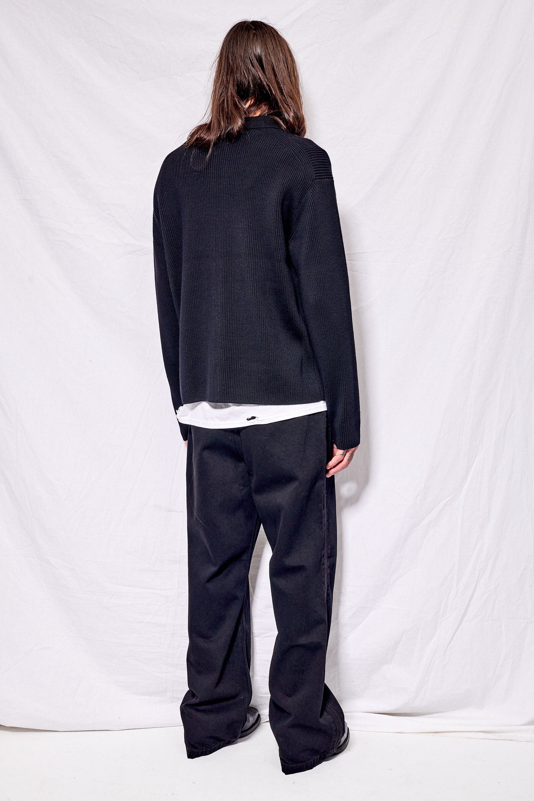 Black Solid Wool Rib Polo Zipup Cardigan