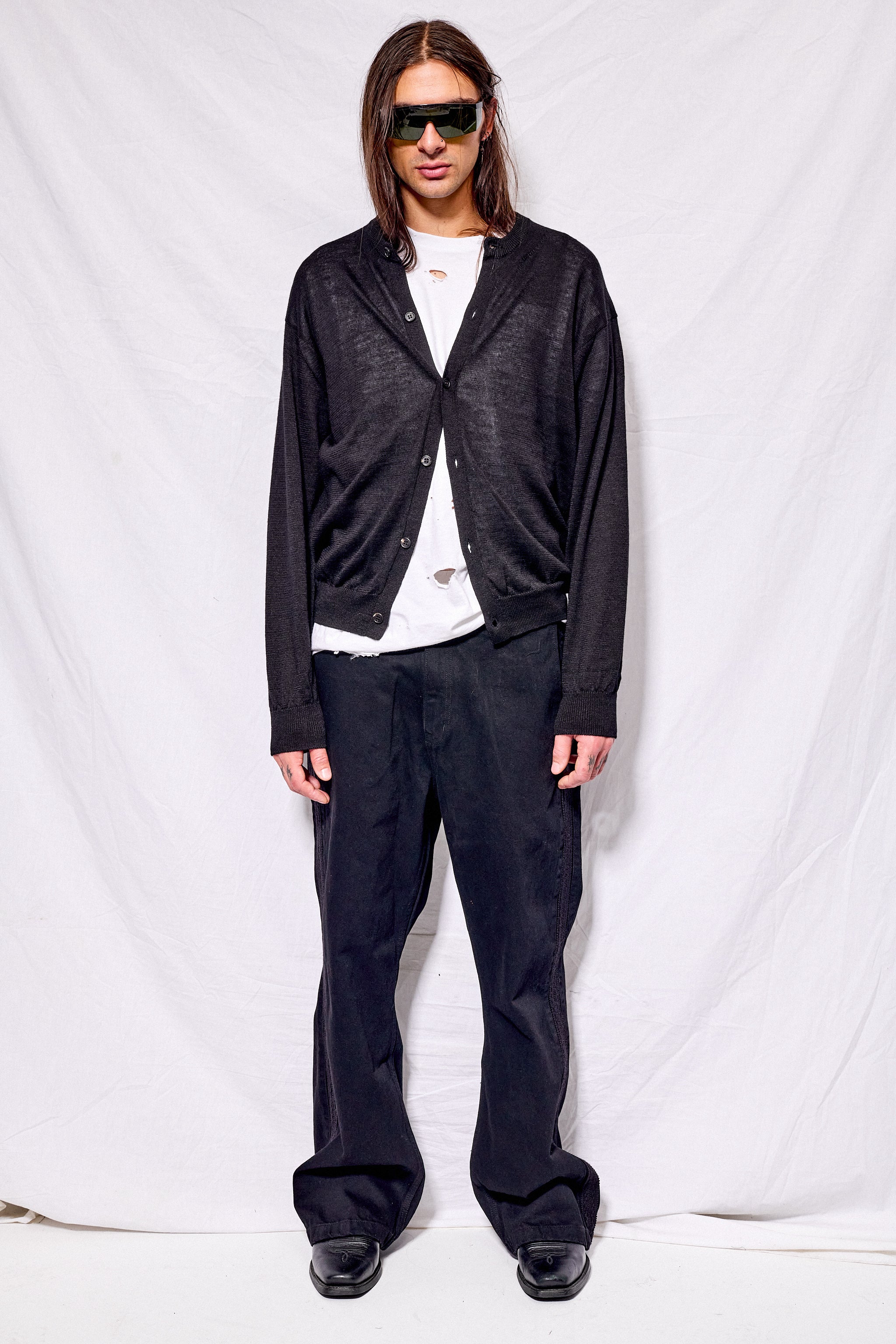 Black Ramie Wool Crewneck Cardigan