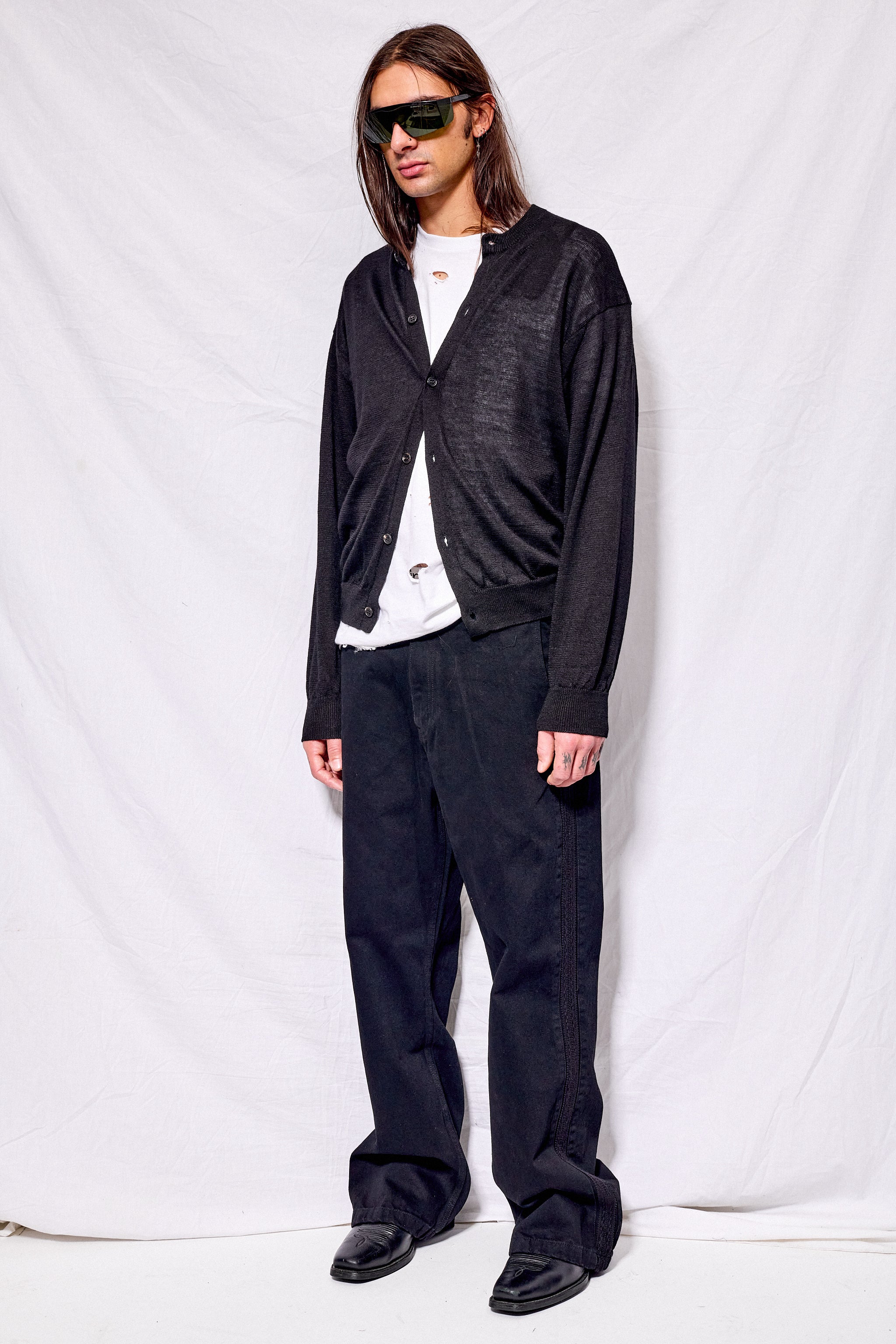 Black Ramie Wool Crewneck Cardigan