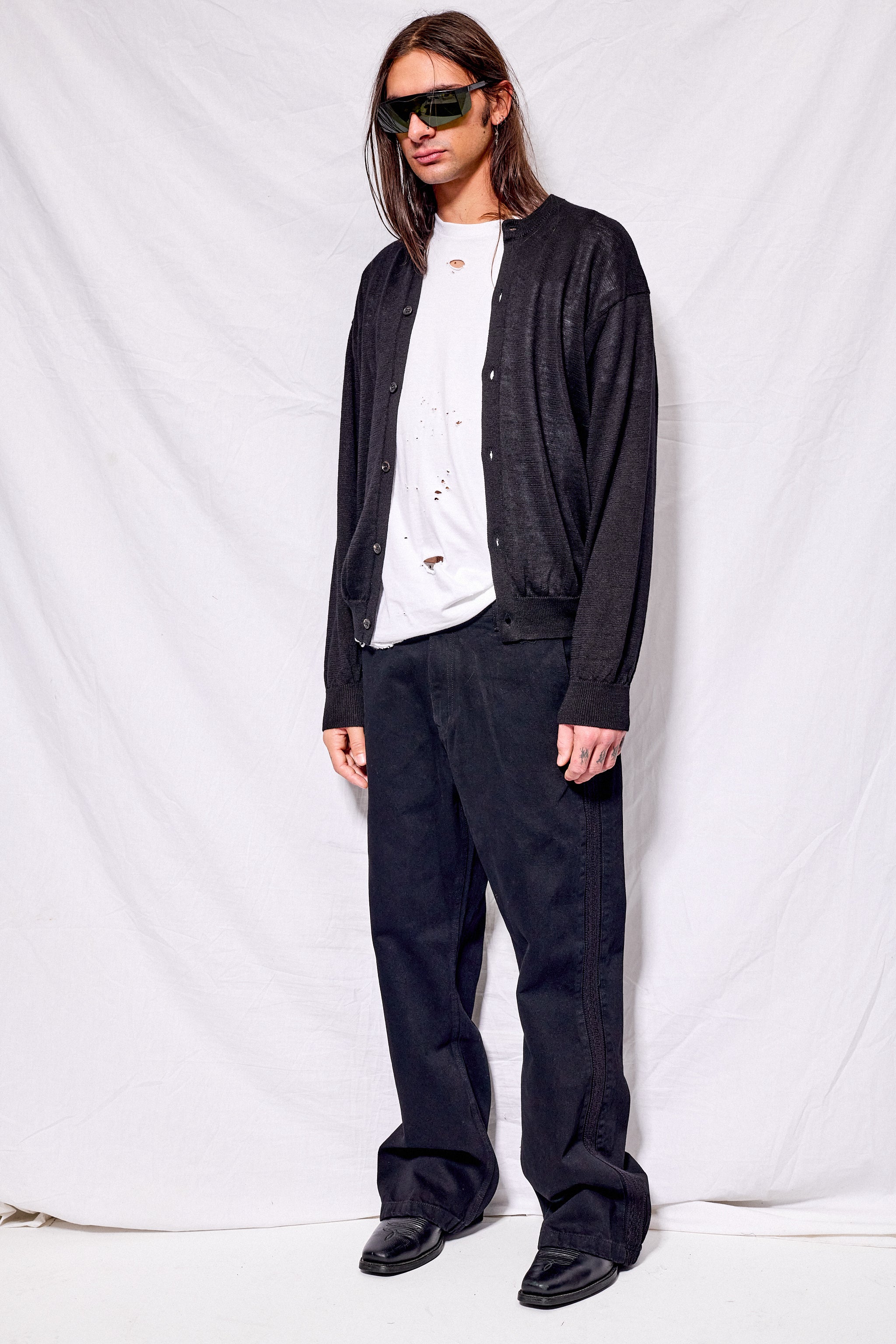 Black Ramie Wool Crewneck Cardigan