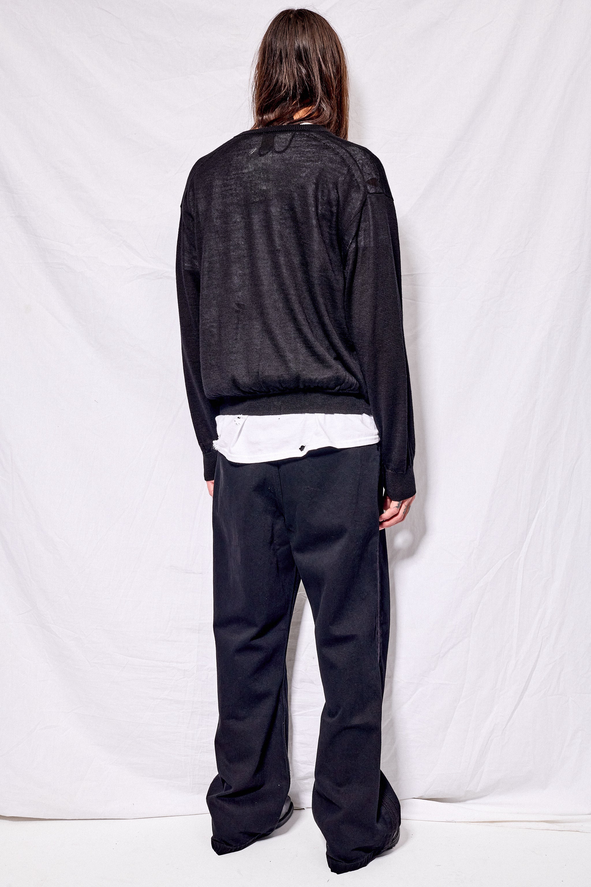 Black Ramie Wool Crewneck Cardigan
