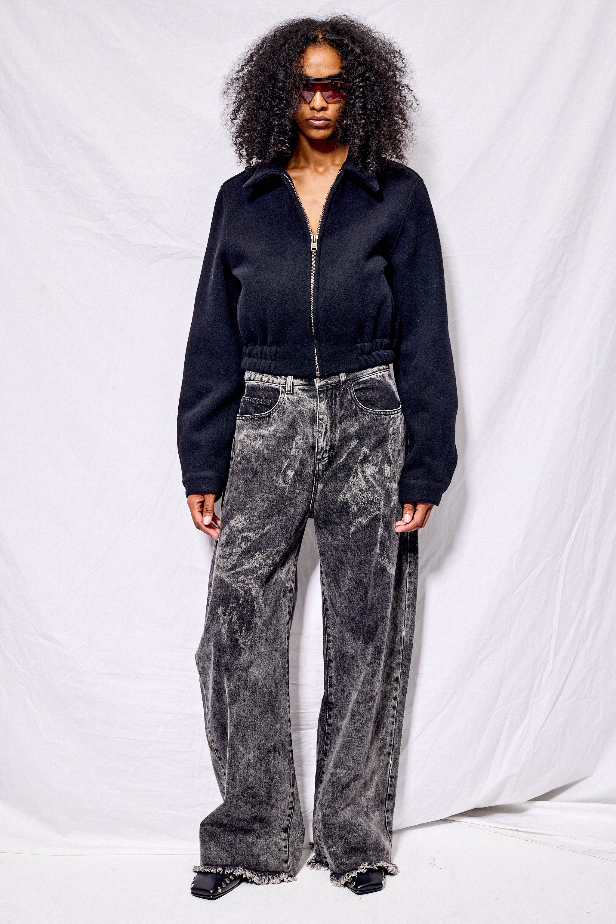 Black Wool Shrunken Zip Jacket
