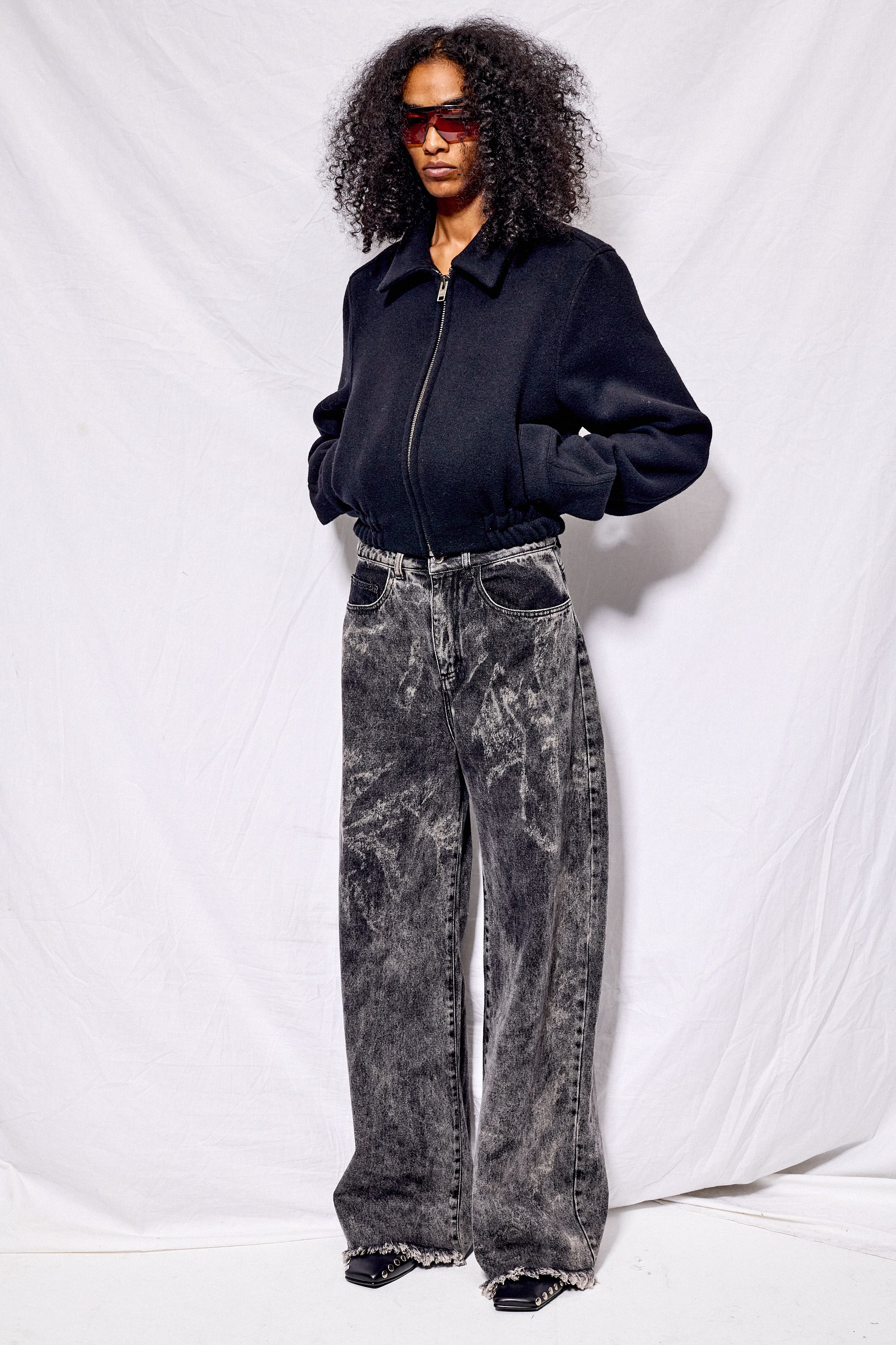 Black Wool Shrunken Zip Jacket