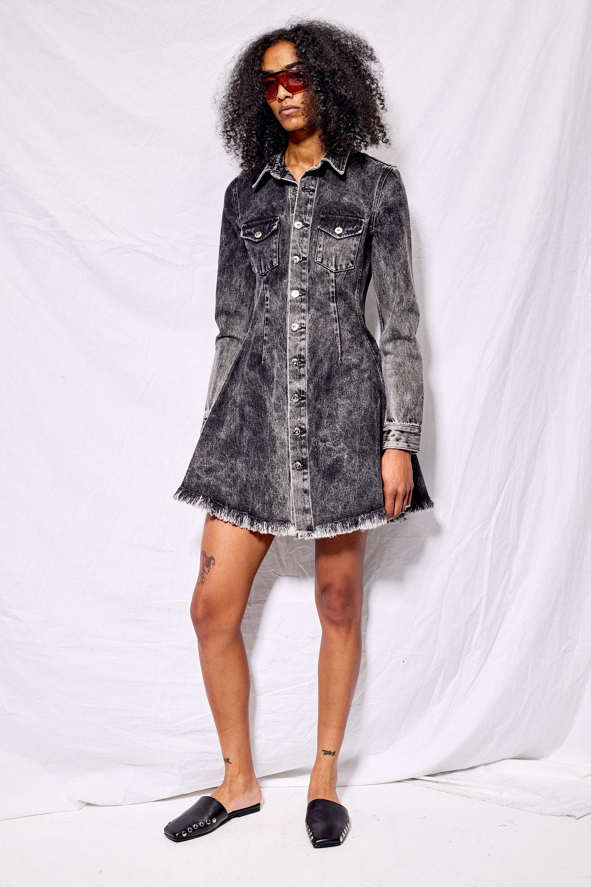 Denim Grey Acid Wash Short Long Sleeve Shirt Dress