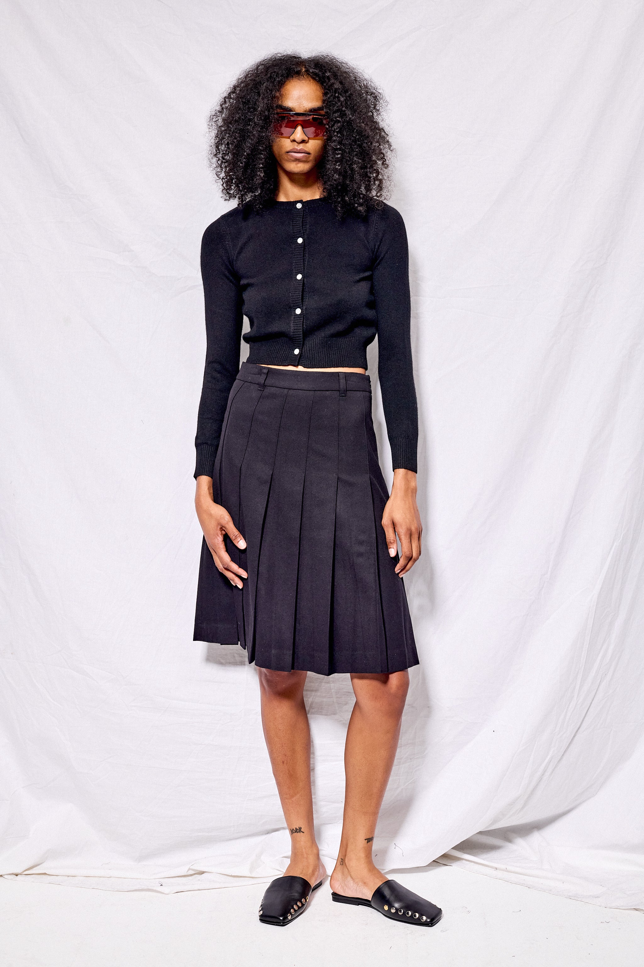 Black Flannel Pleats Midi Skirt