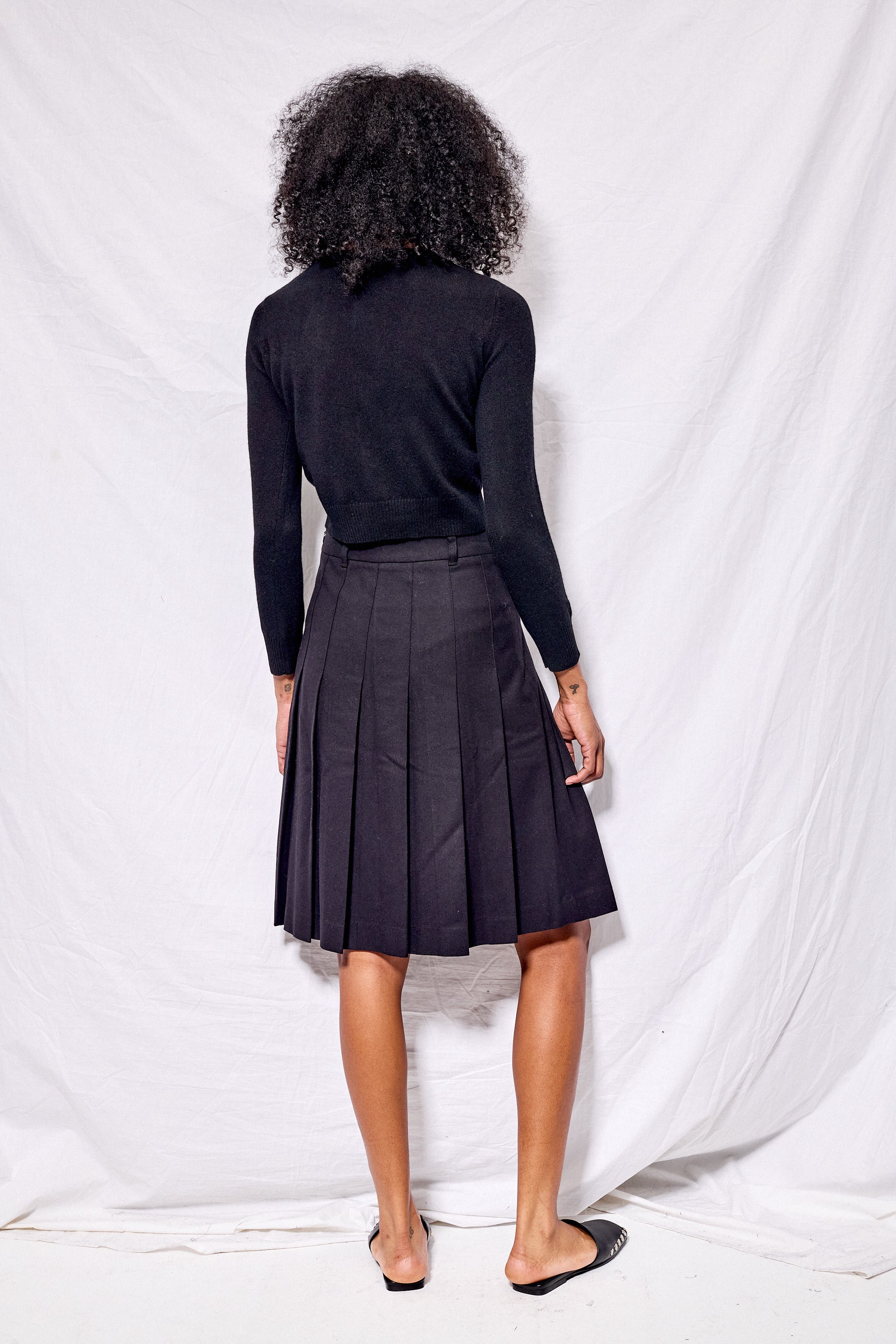 Black Flannel Pleats Midi Skirt