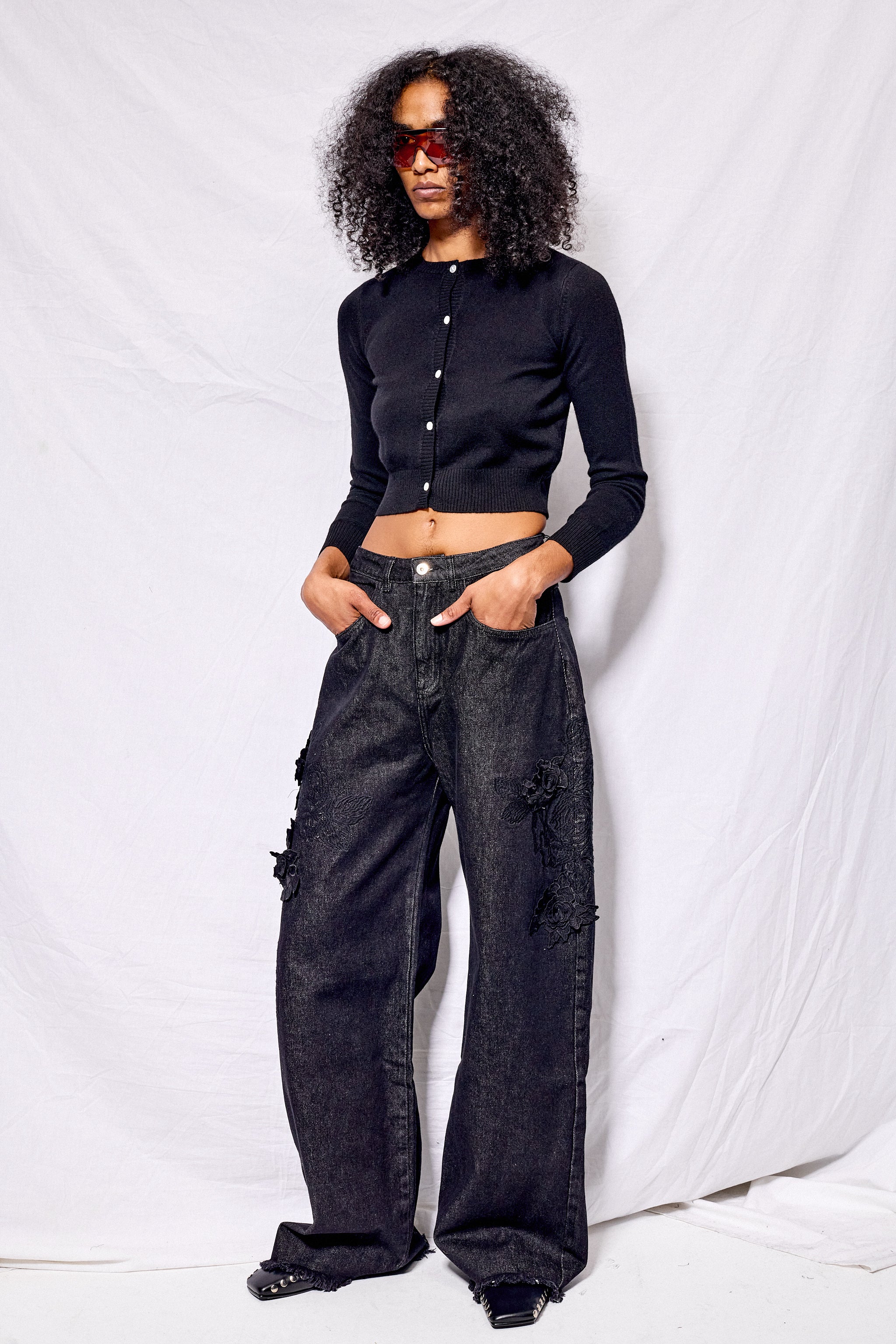 Black Embroidered Denim Boyfriend Jeans