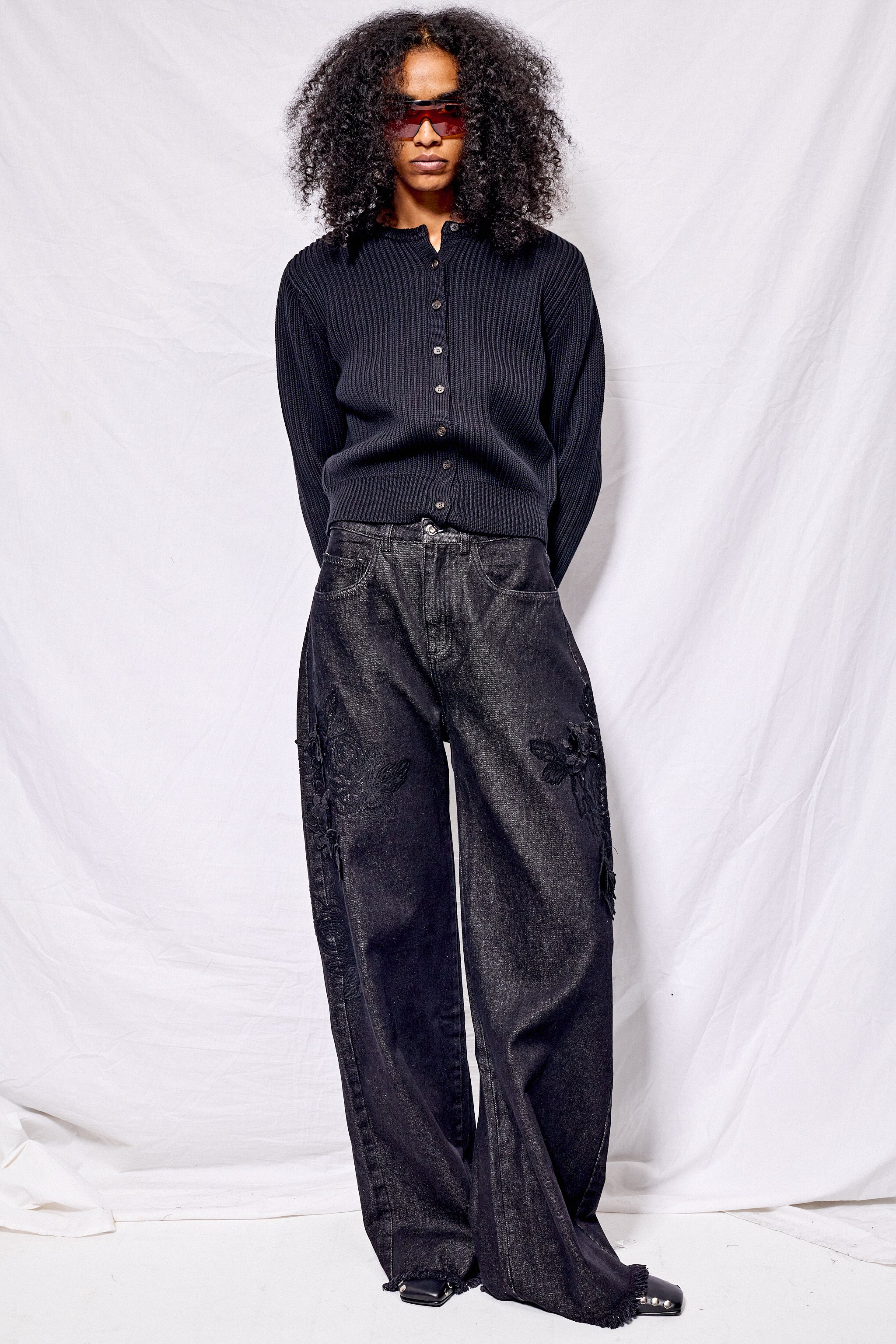 Black Embroidered Denim Boyfriend Jeans