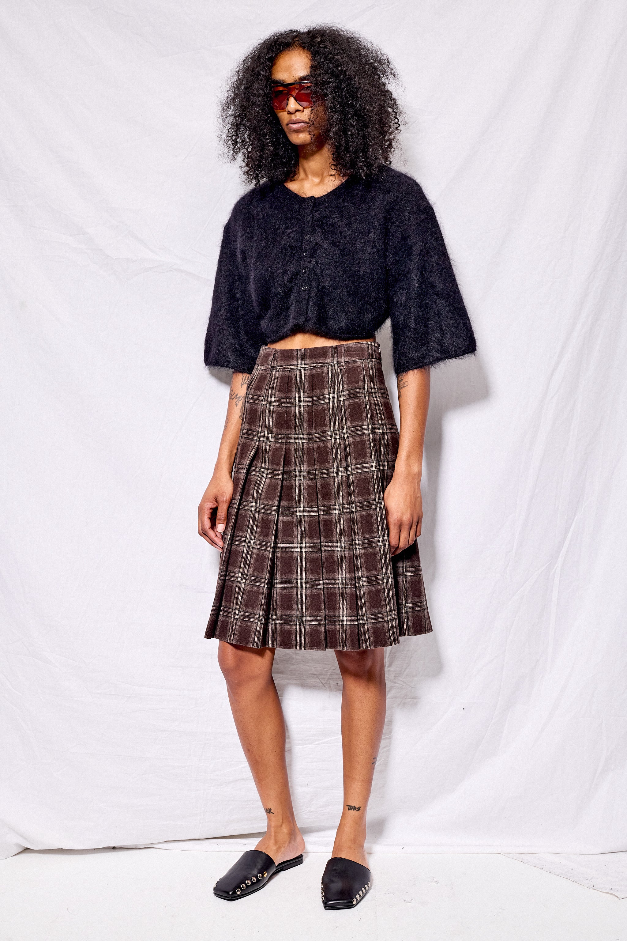 Brown Check Flannel Pleats Midi Skirt