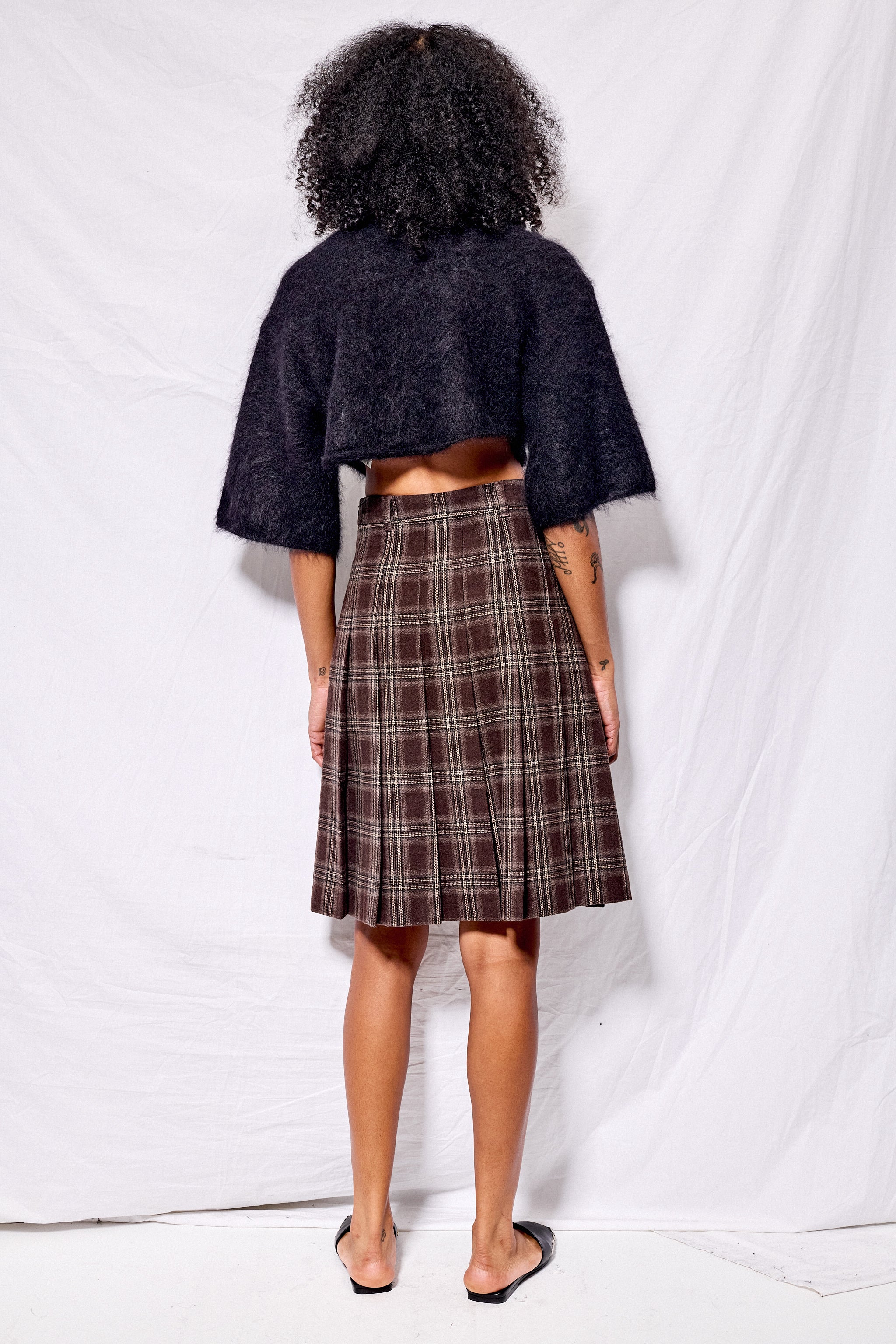 Brown Check Flannel Pleats Midi Skirt