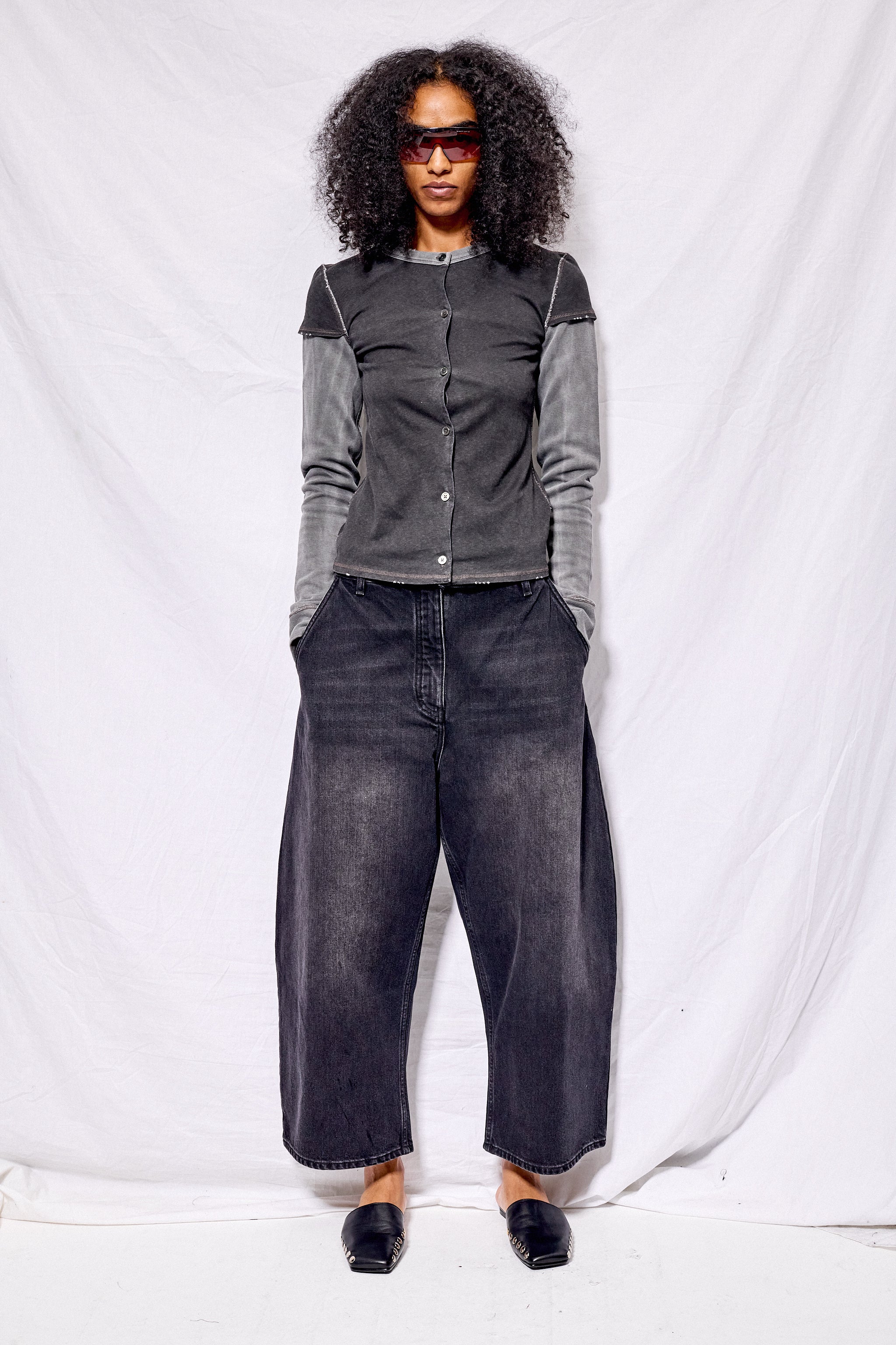 Washed Black Denim Wide Crop Pant