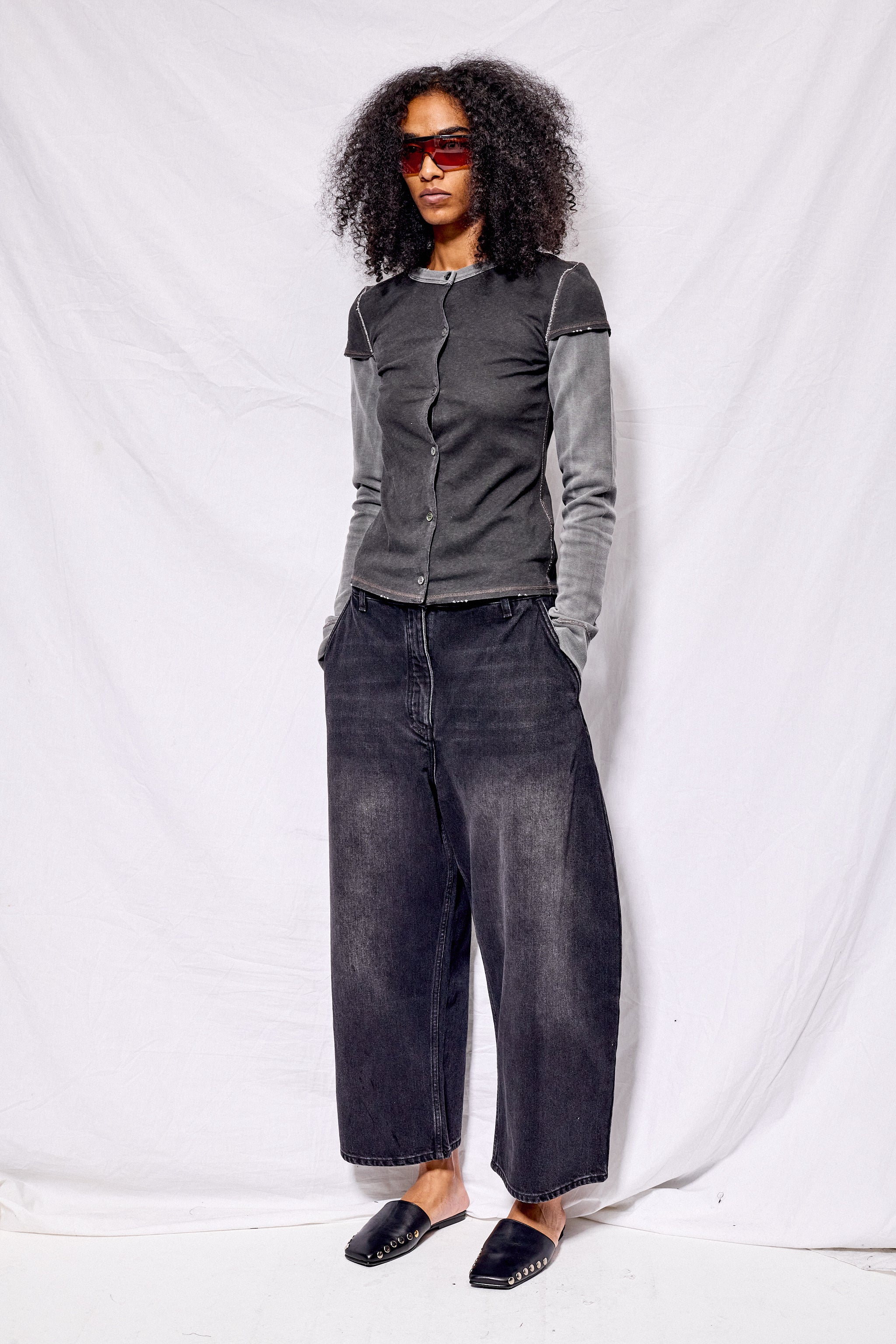 Washed Black Denim Wide Crop Pant
