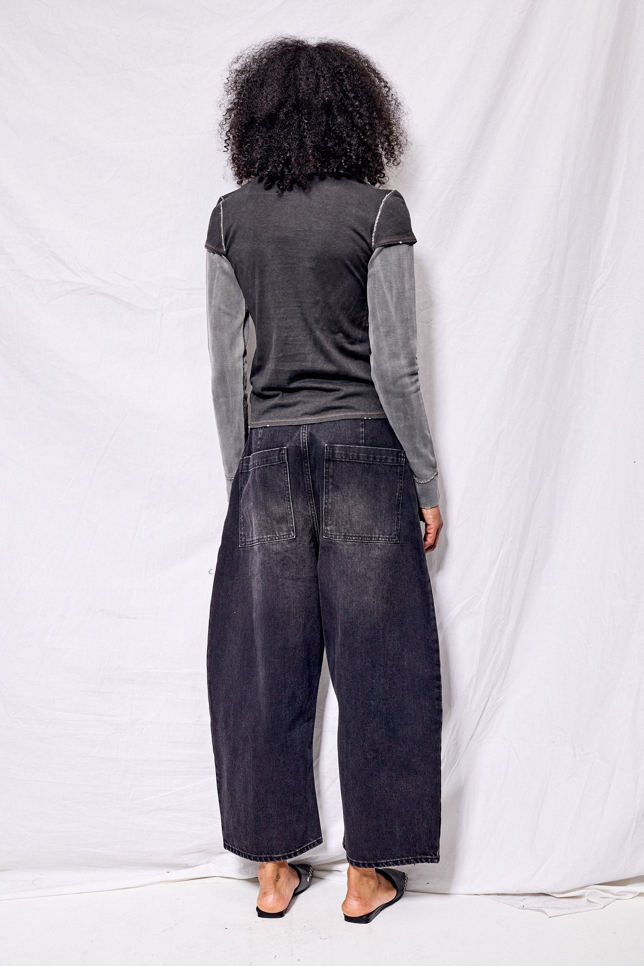 Washed Black Denim Wide Crop Pant