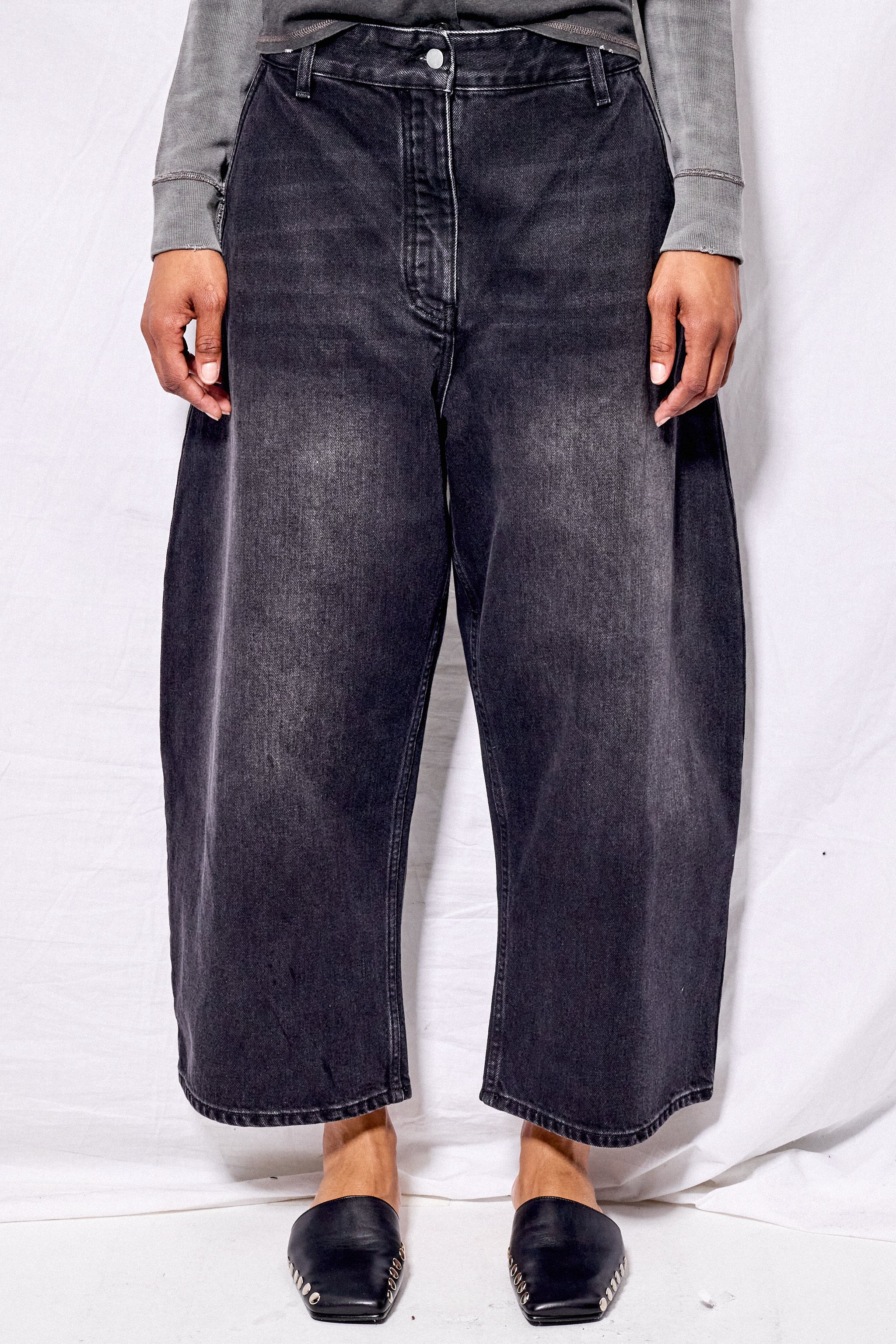 Washed Black Denim Wide Crop Pant