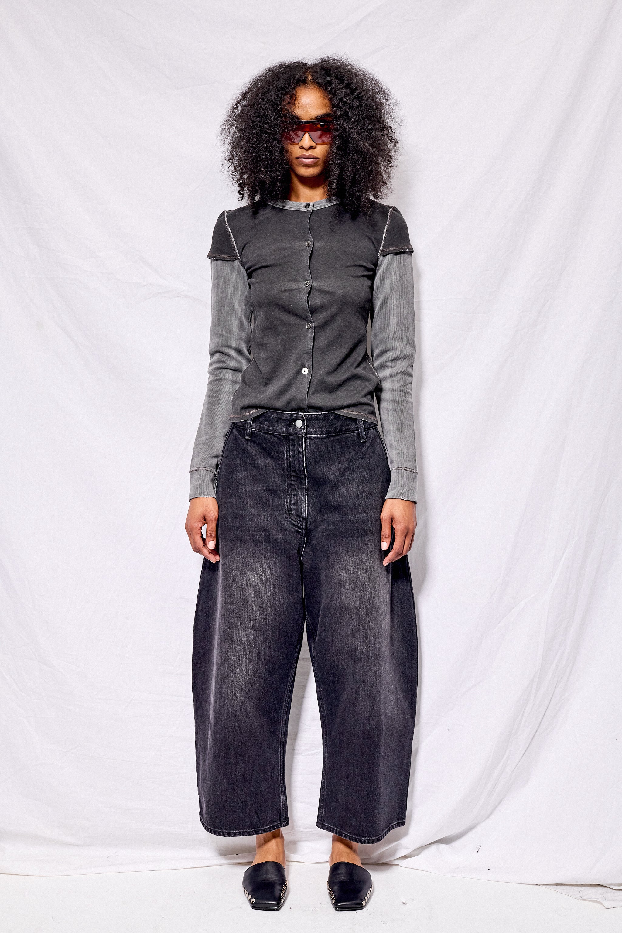 Washed Black Denim Wide Crop Pant