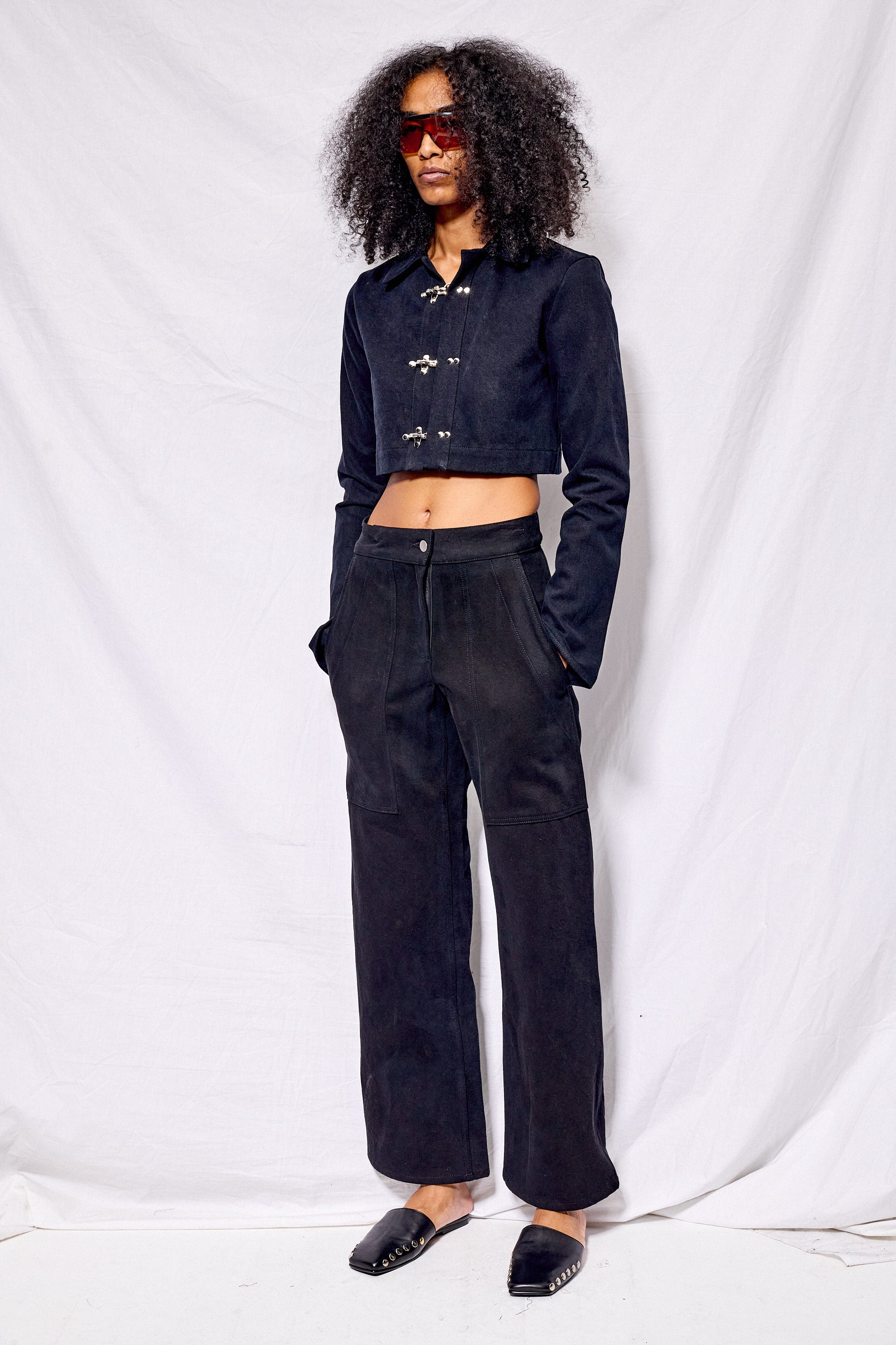 Black Denim Fireman Crop Rugby Top