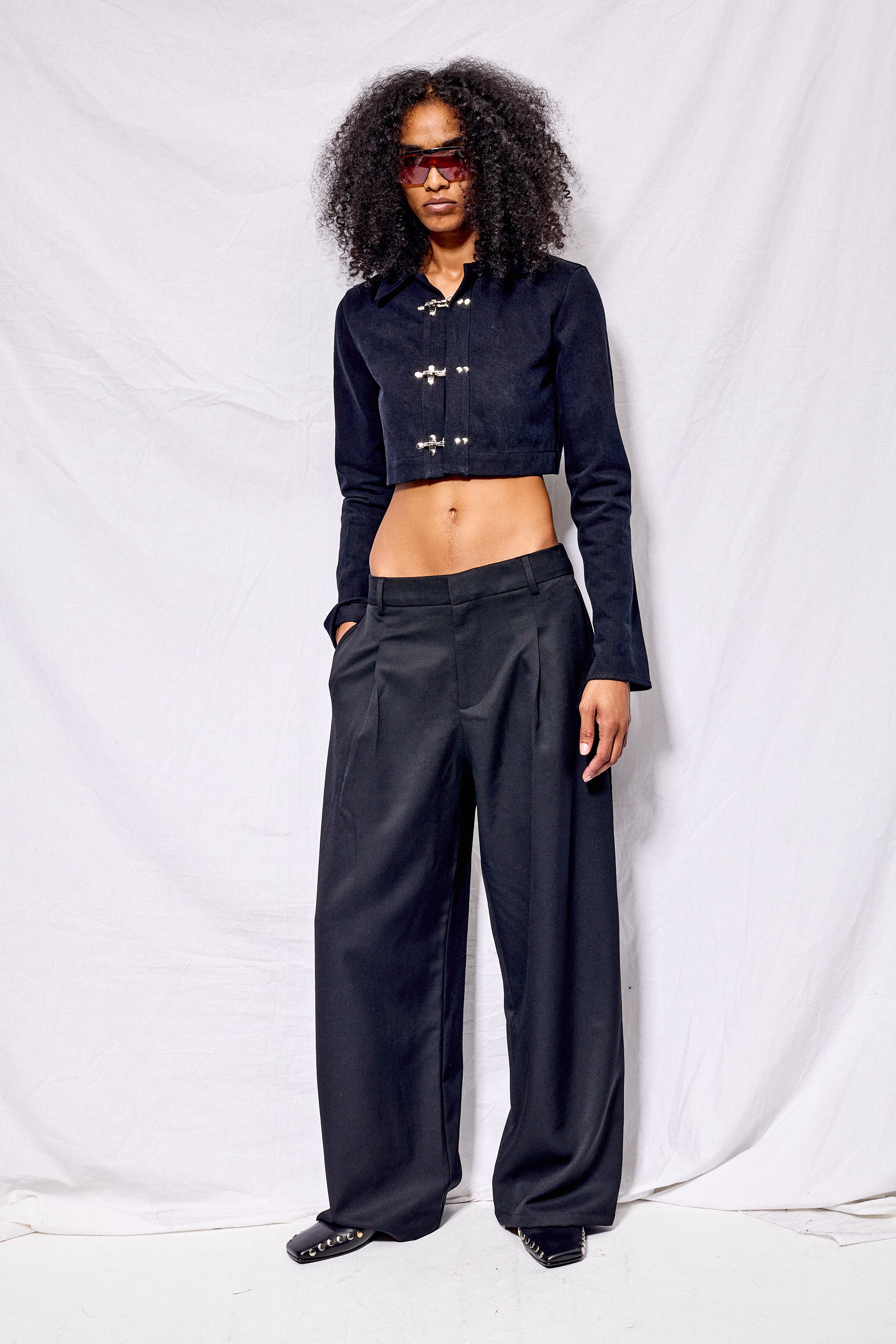 Black Denim Fireman Crop Rugby Top
