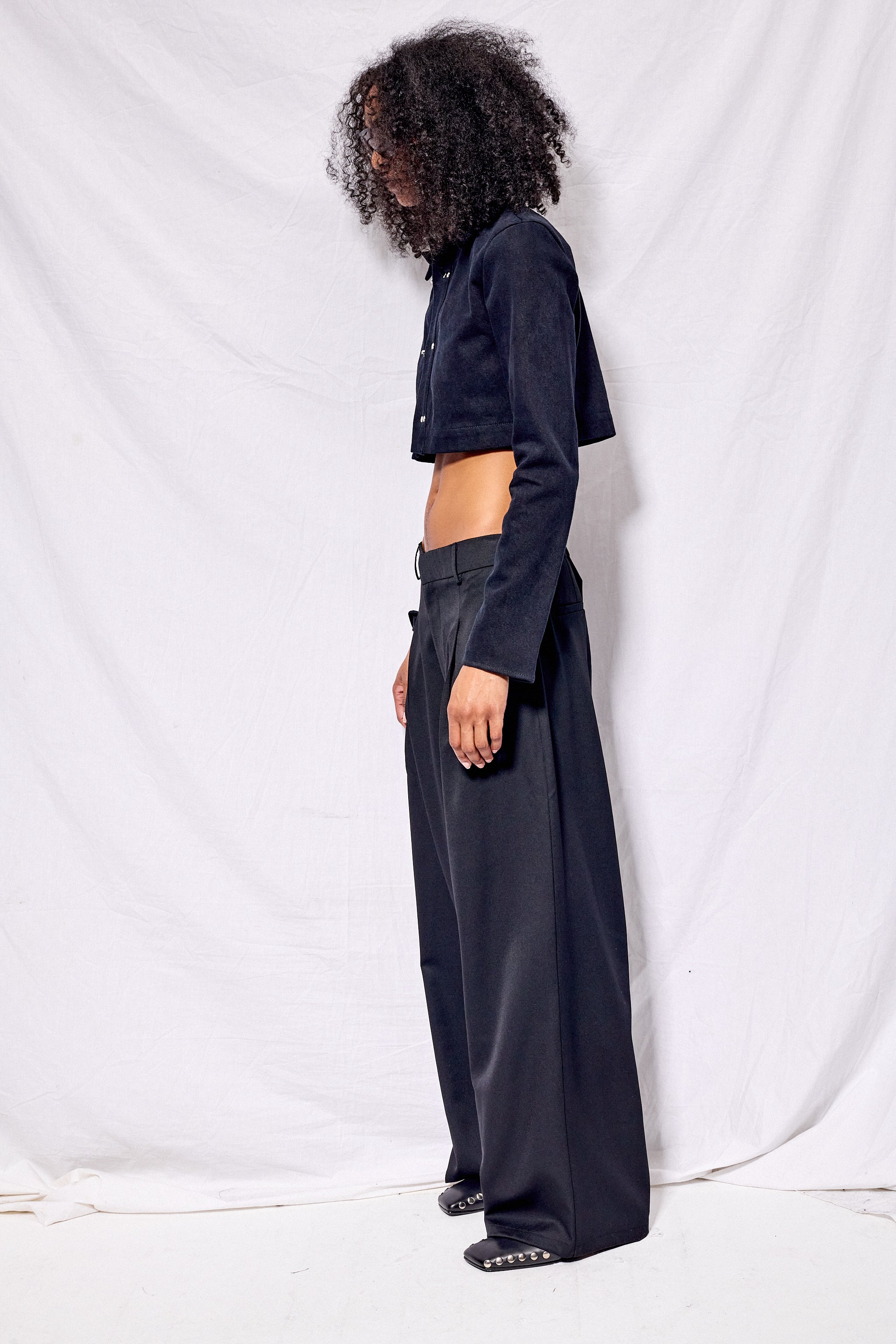 Black Denim Fireman Crop Rugby Top