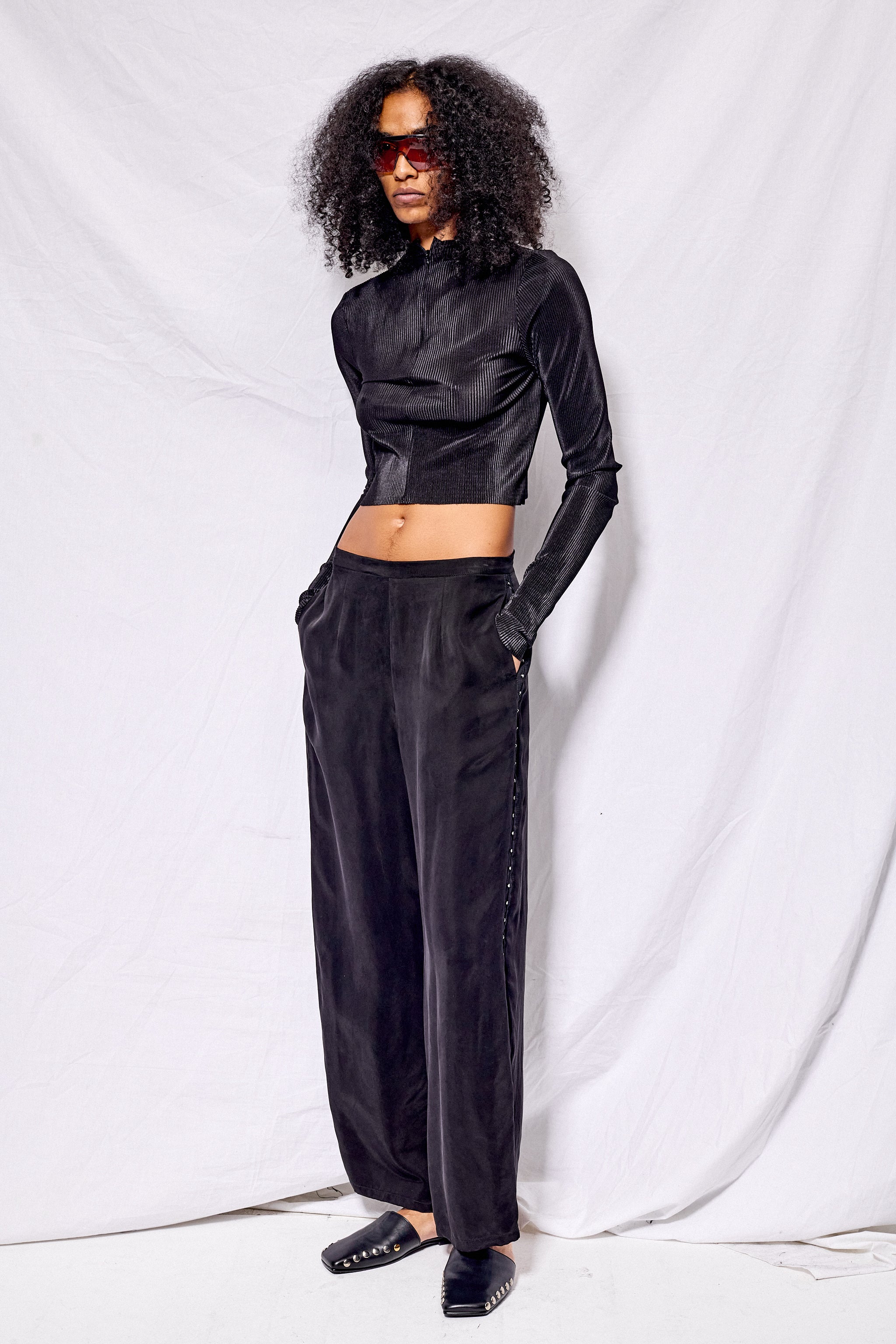 Black Cupro Side Hook Clean Pant