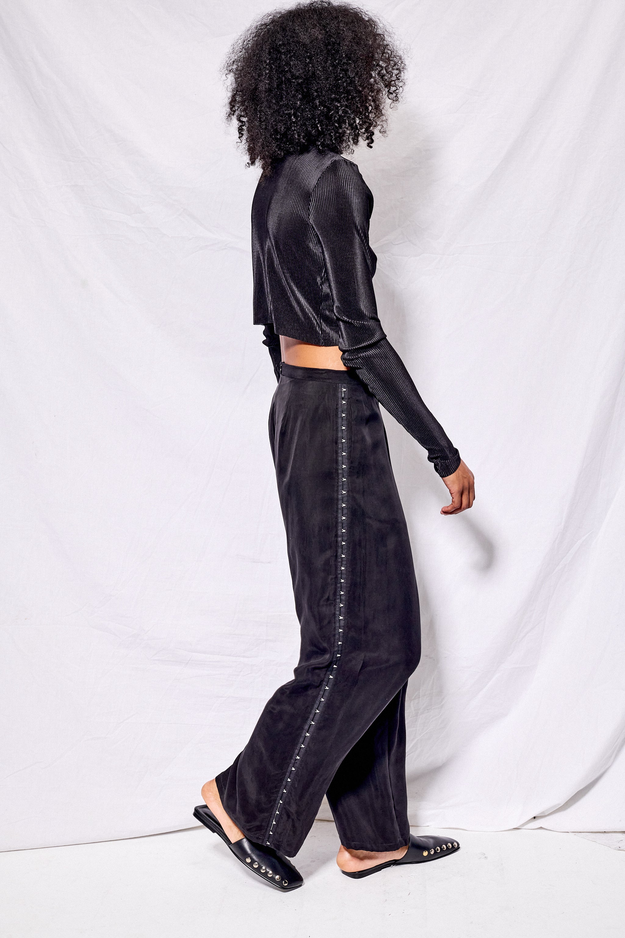 Black Cupro Side Hook Clean Pant