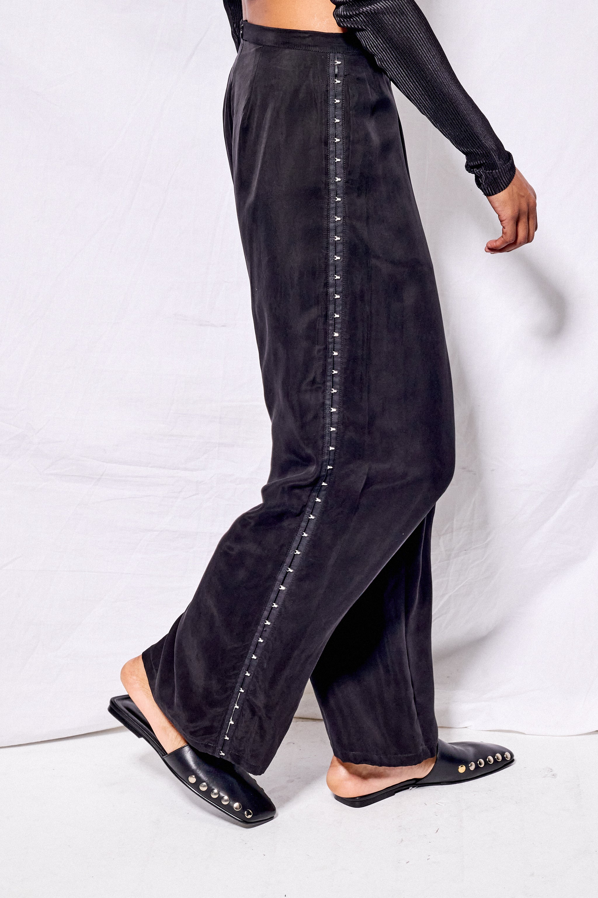 Black Cupro Side Hook Clean Pant