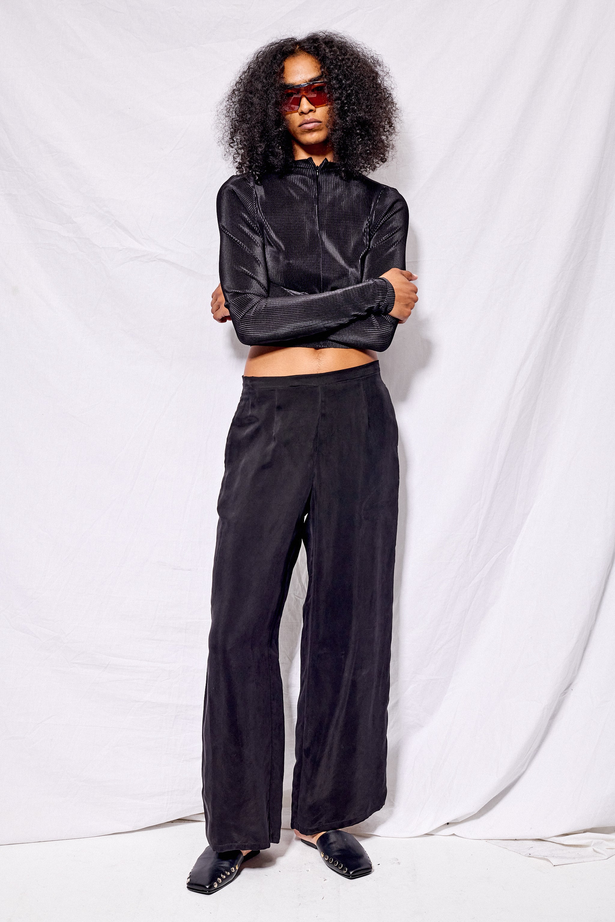 Black Cupro Side Hook Clean Pant