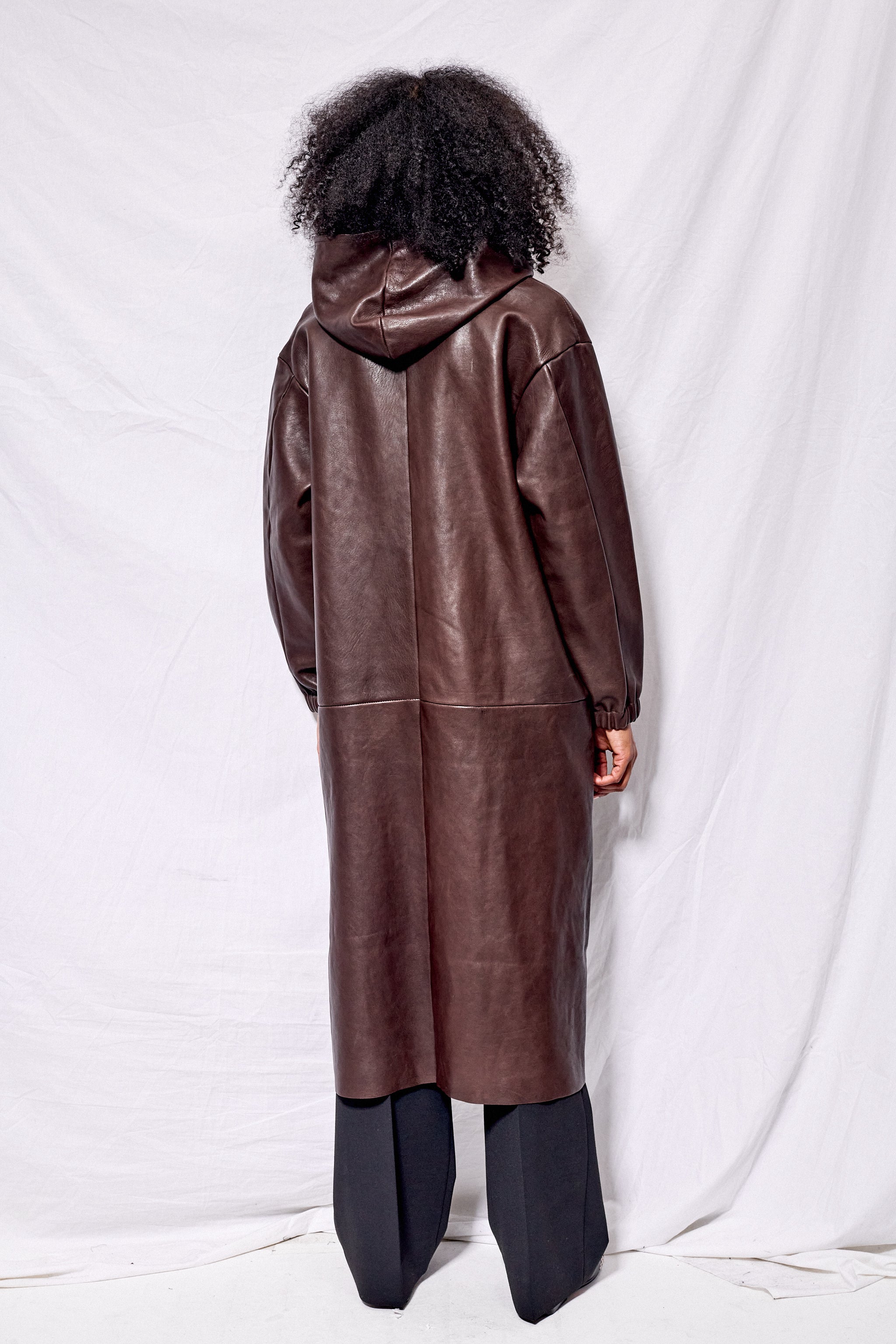 No. 275 Brown Leather Hooded Zipper Coat