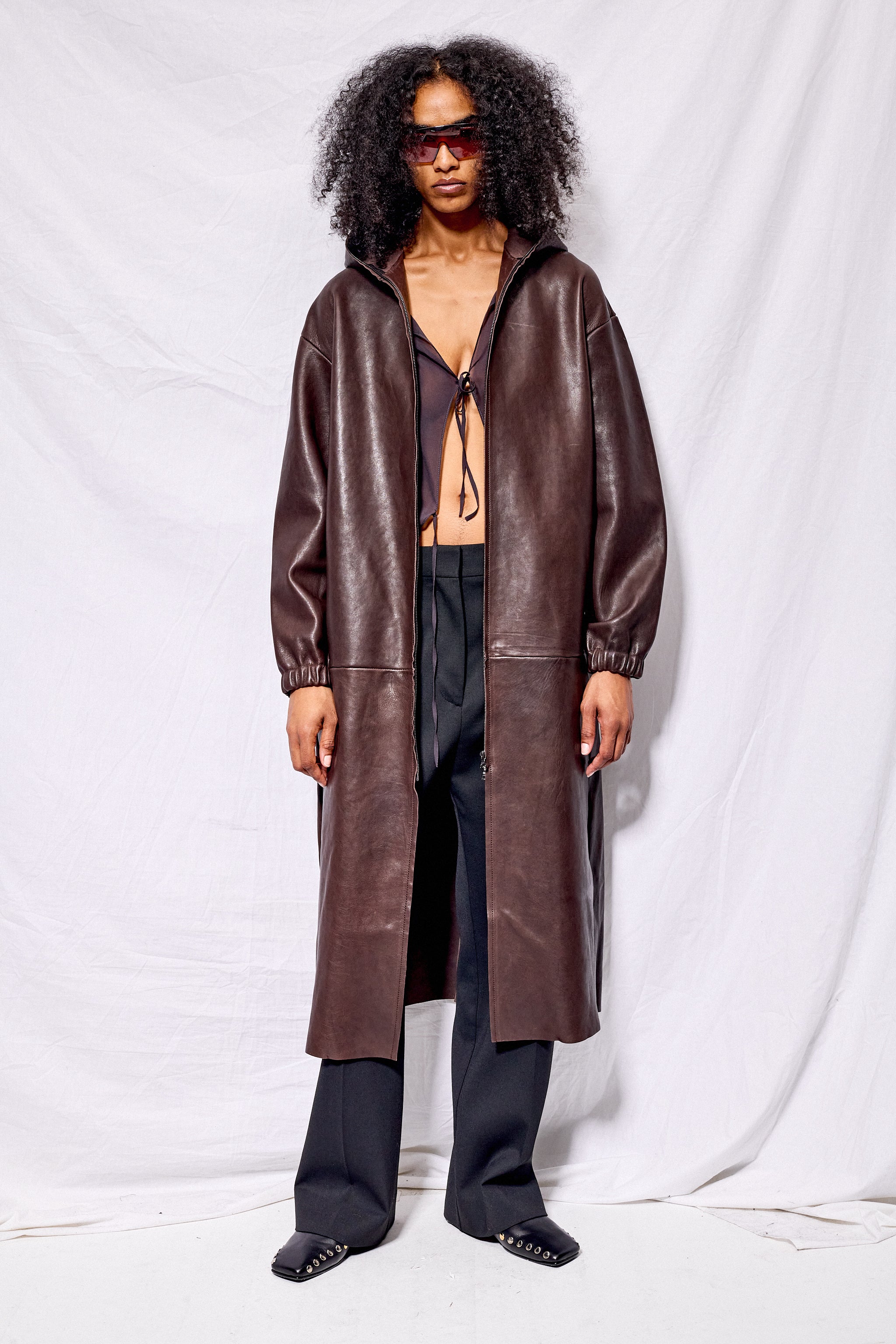 No. 275 Brown Leather Hooded Zipper Coat