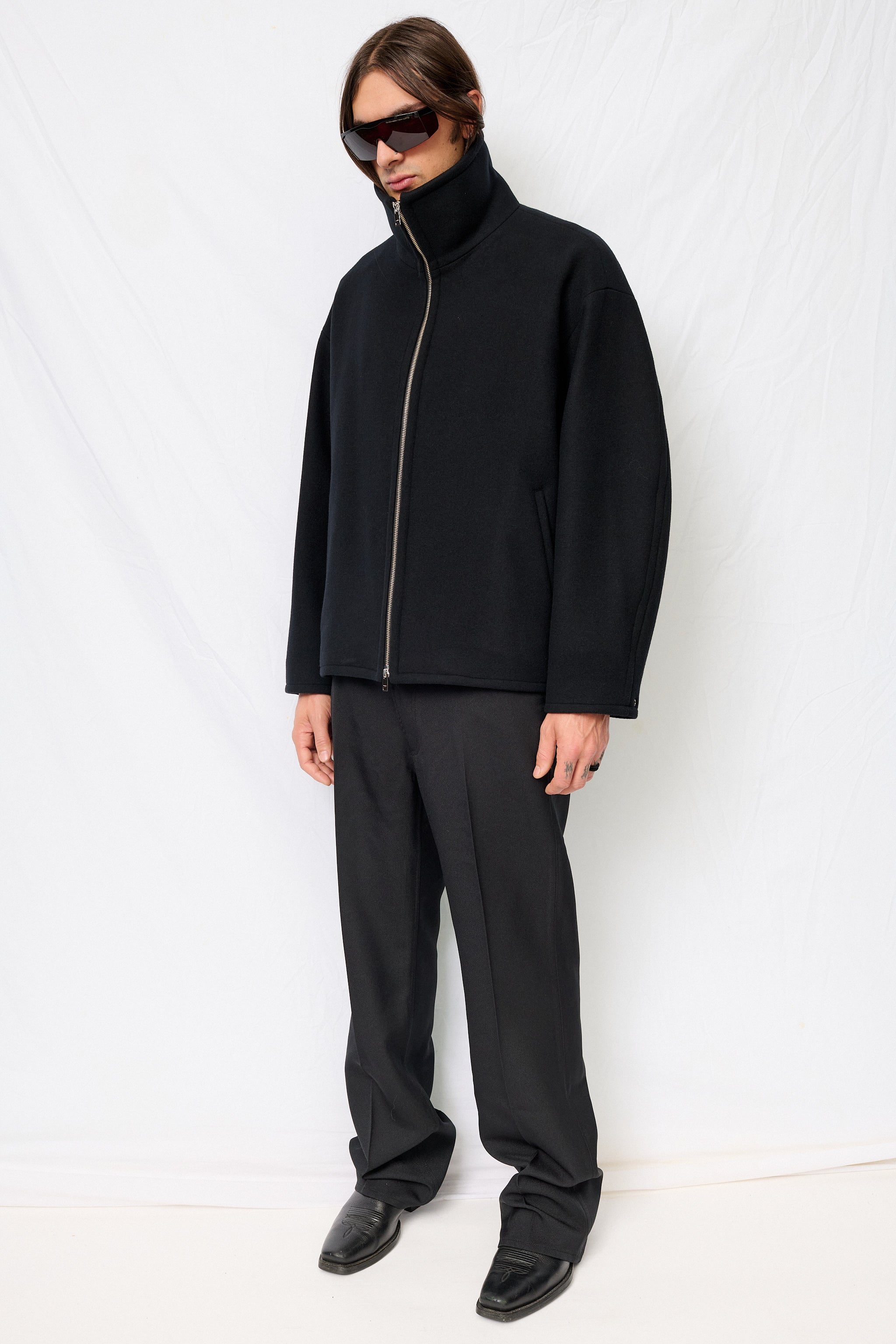 Black Melton Stand Collar Zip