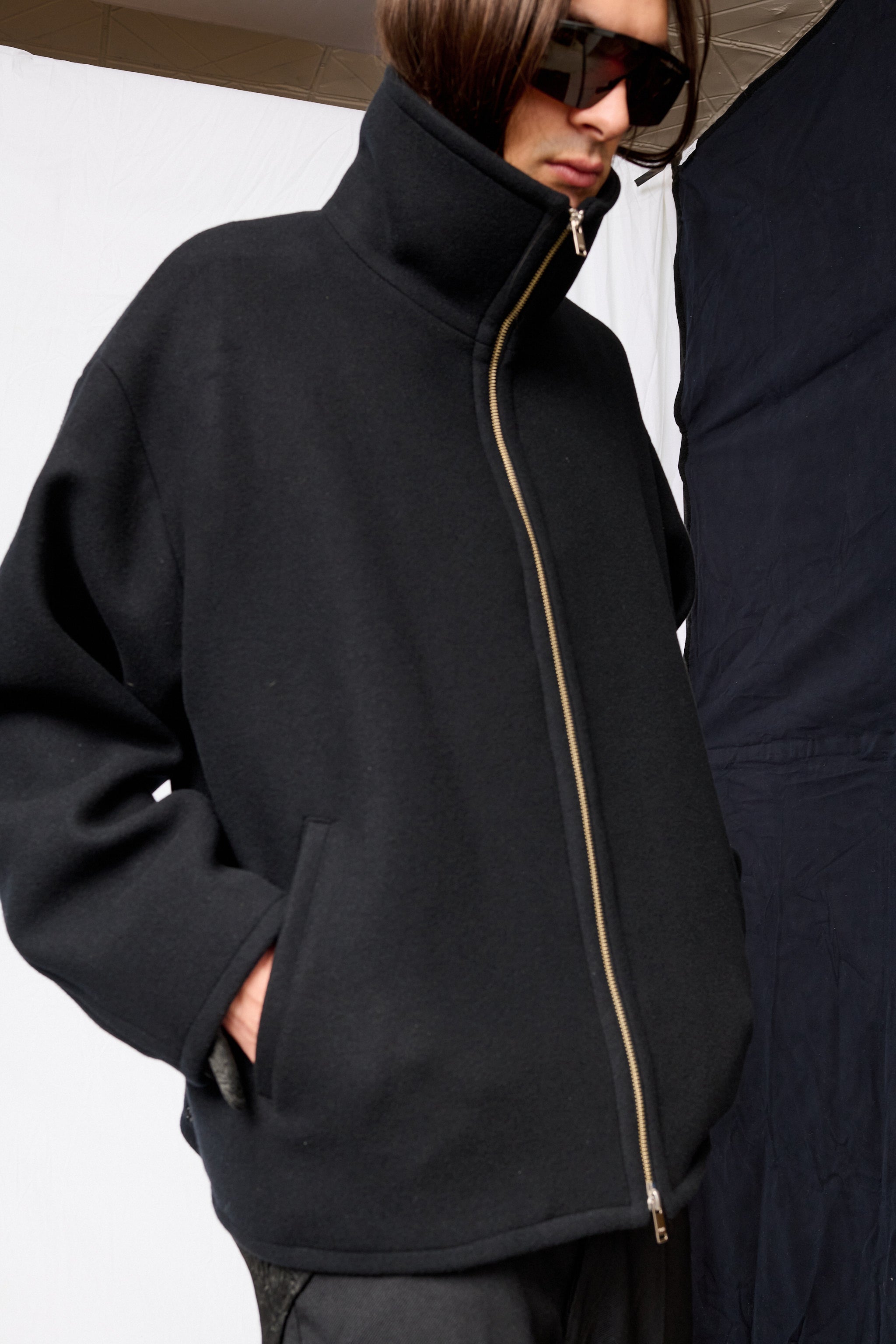 Black Melton Stand Collar Zip