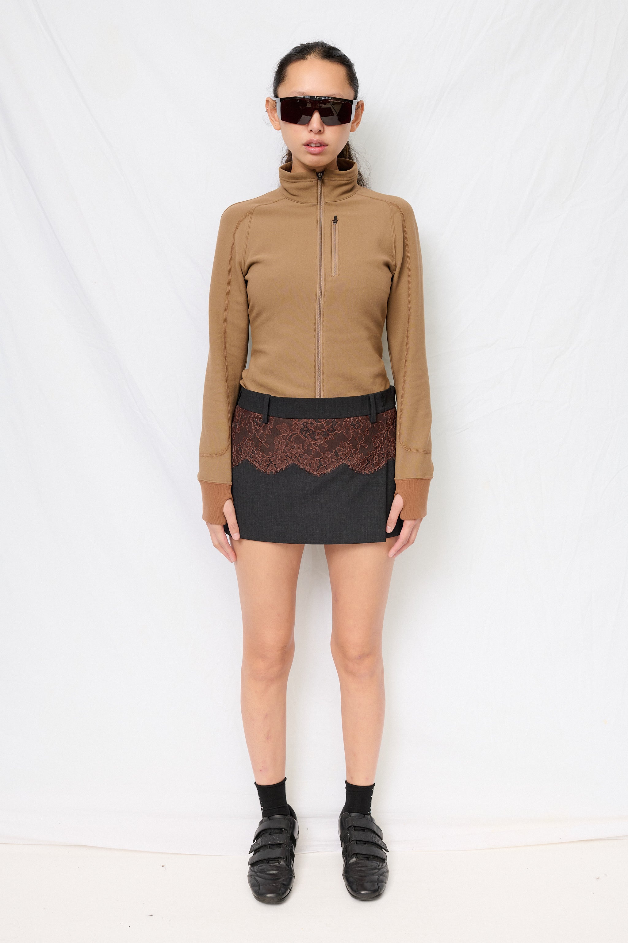 Charcoal/Brown Suiting Lace Waist Mini Skirt - Fumika Uchida