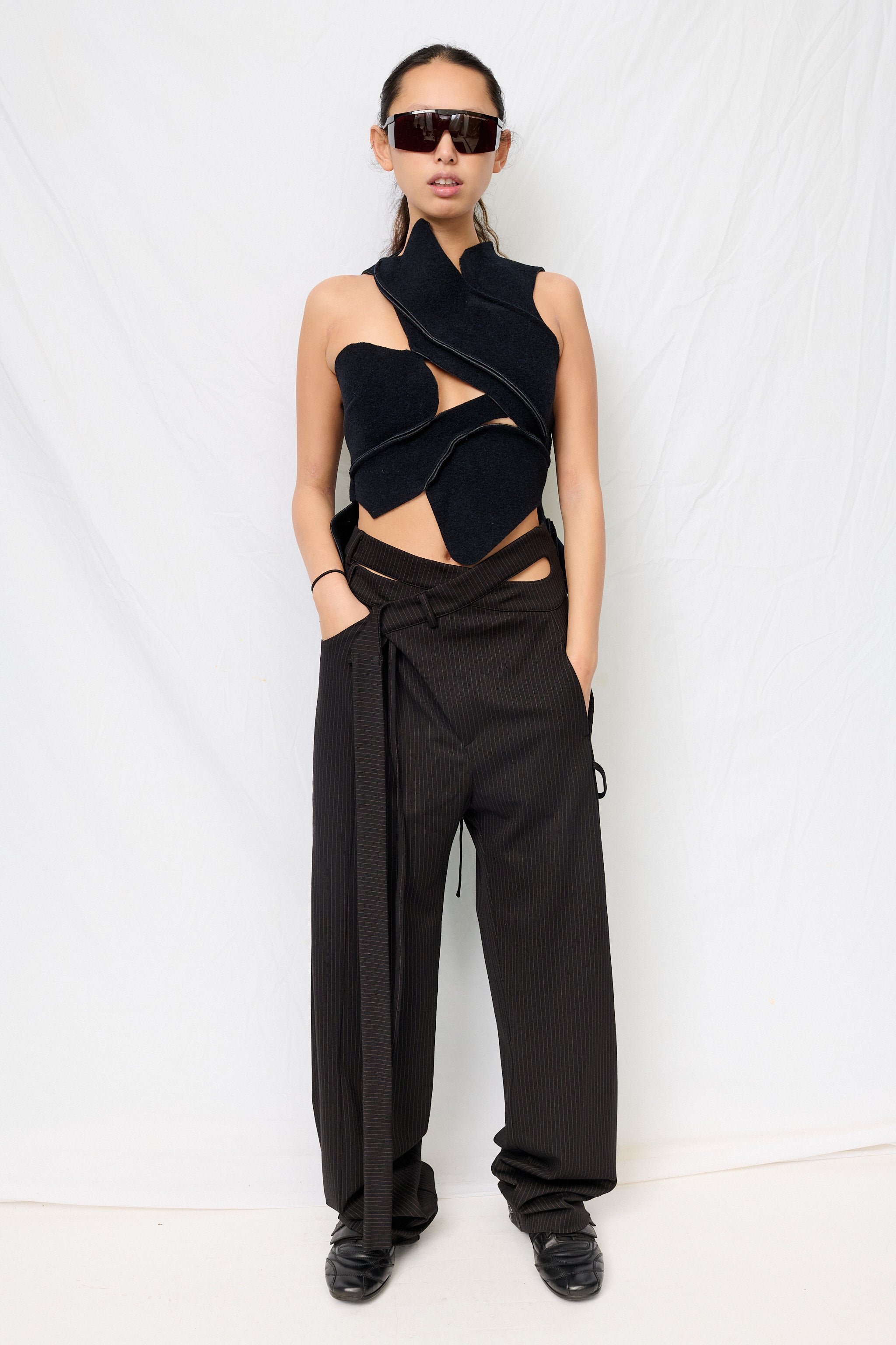 Black Pinstripe Signature Wrap Suit Pants