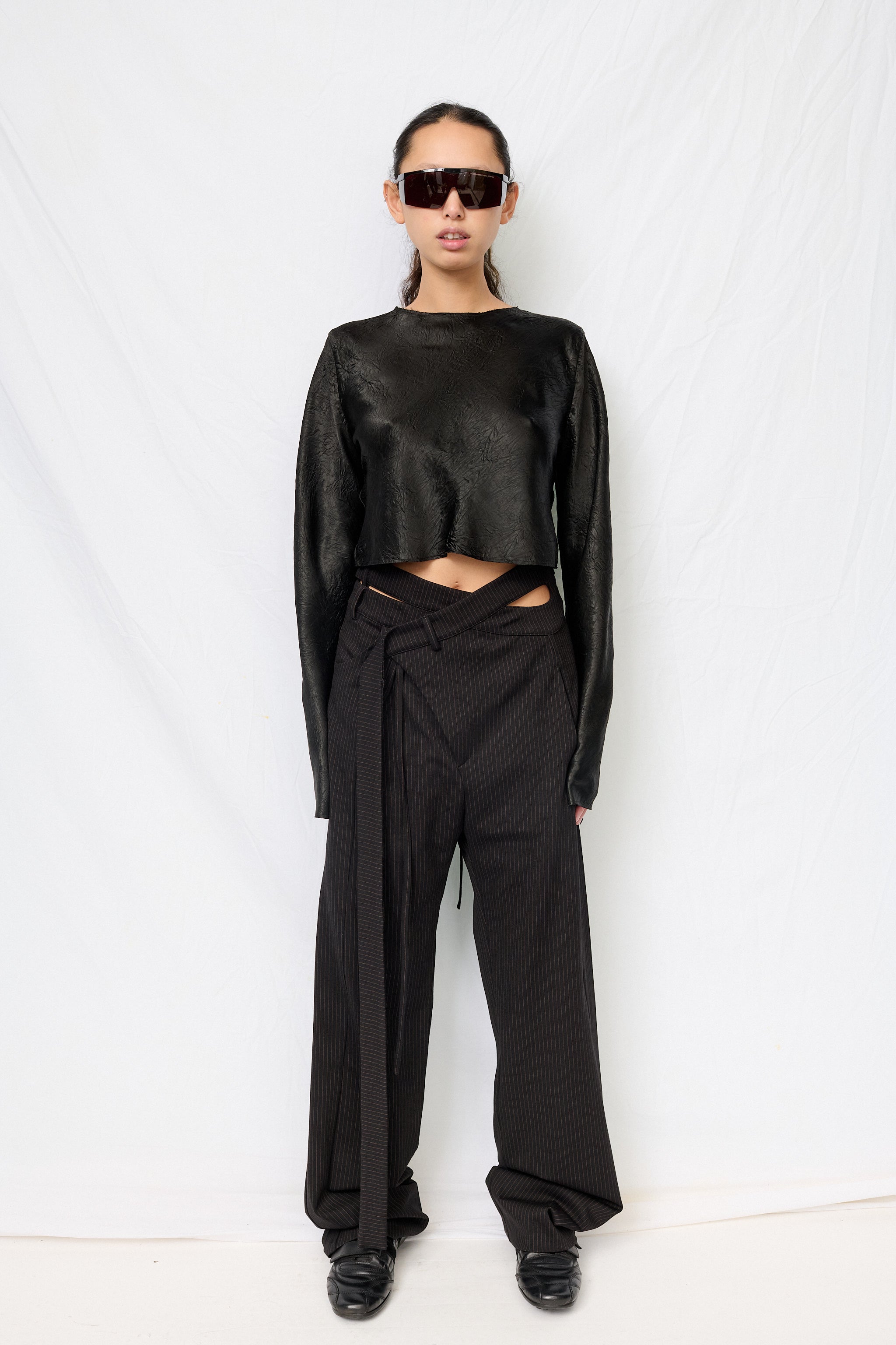 Black Wrinkled Acetate Crop Long Sleeve Top