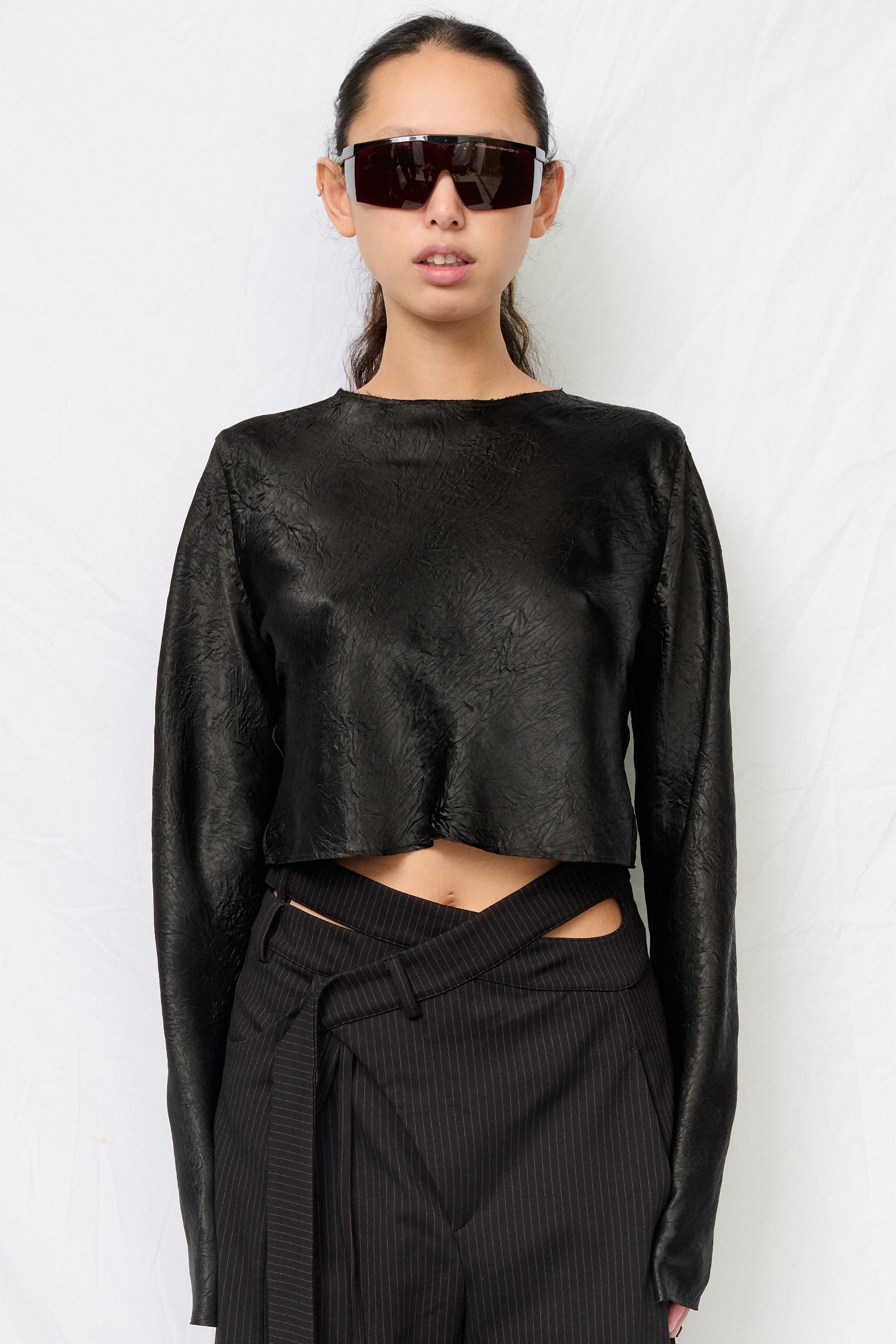 Black Wrinkled Acetate Crop Long Sleeve Top