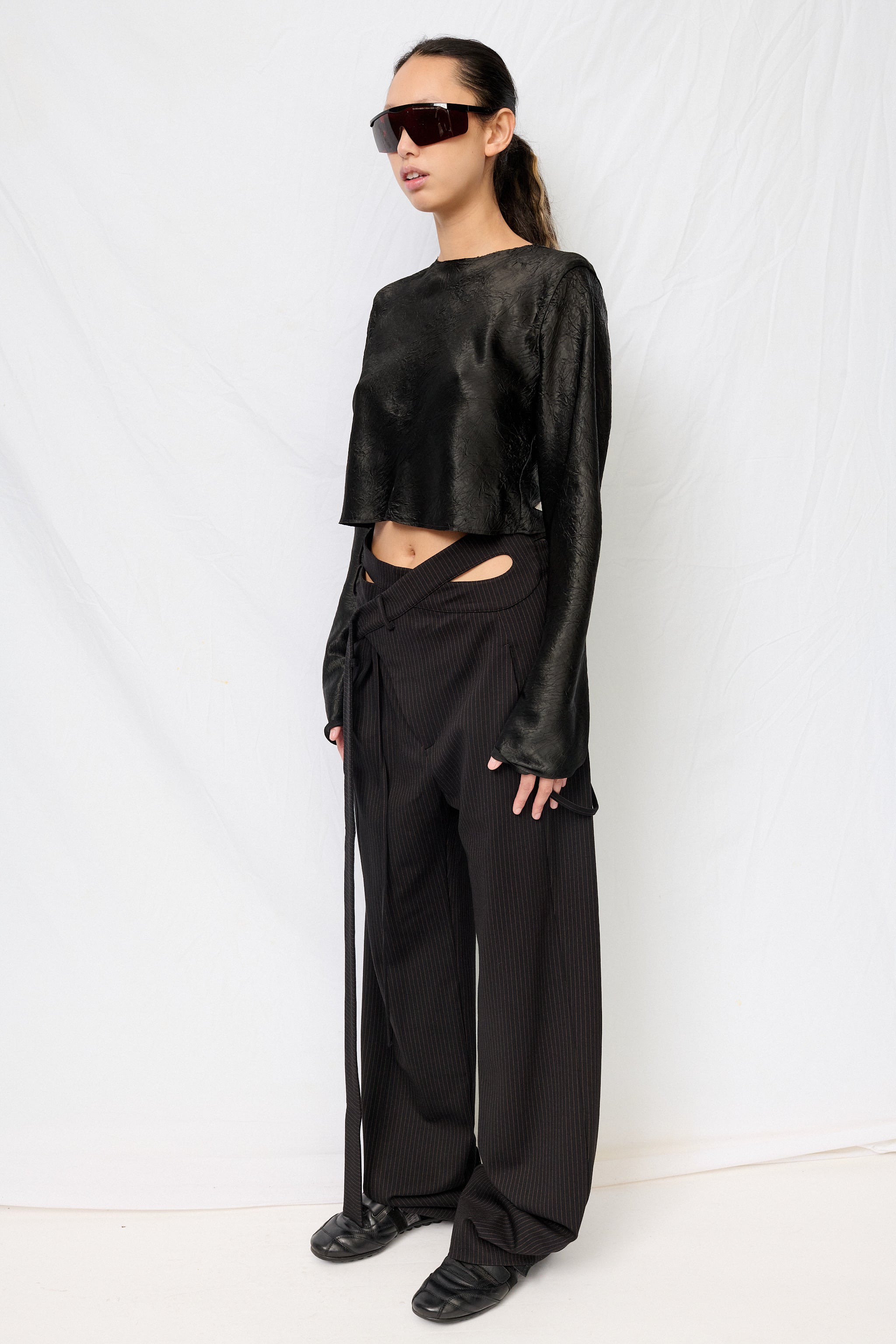 Black Wrinkled Acetate Crop Long Sleeve Top