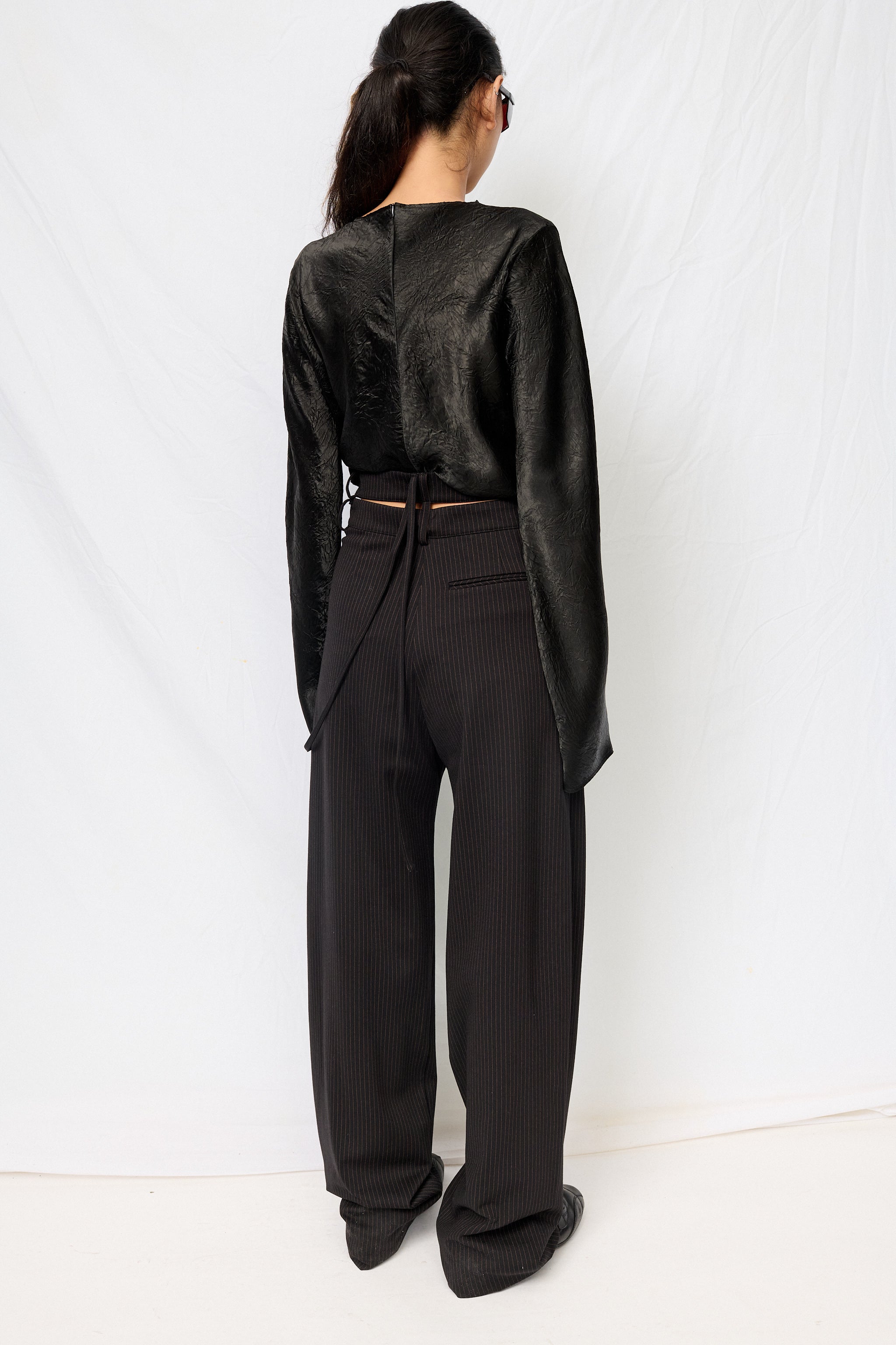 Black Wrinkled Acetate Crop Long Sleeve Top