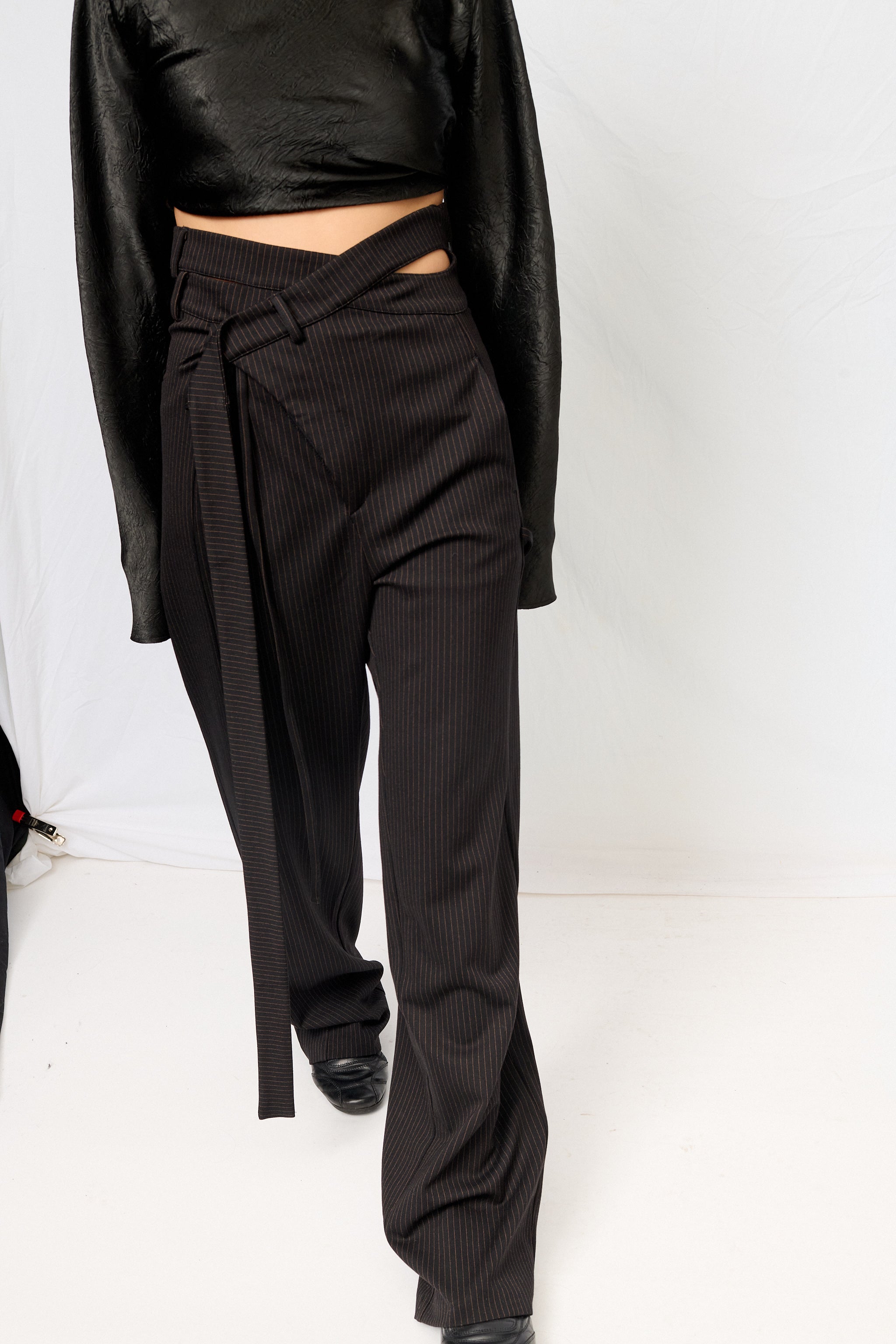 Black Pinstripe Signature Wrap Suit Pants