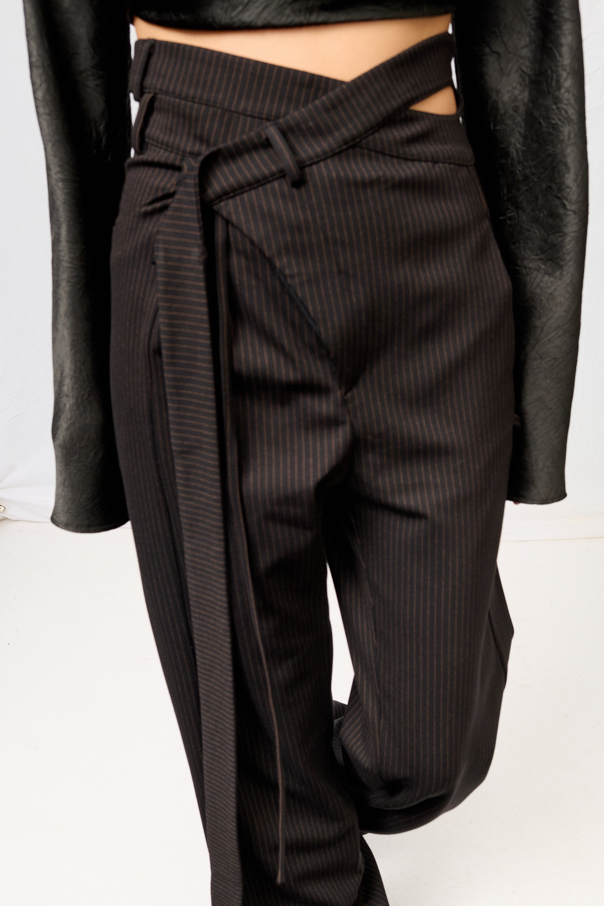 Black Pinstripe Signature Wrap Suit Pants