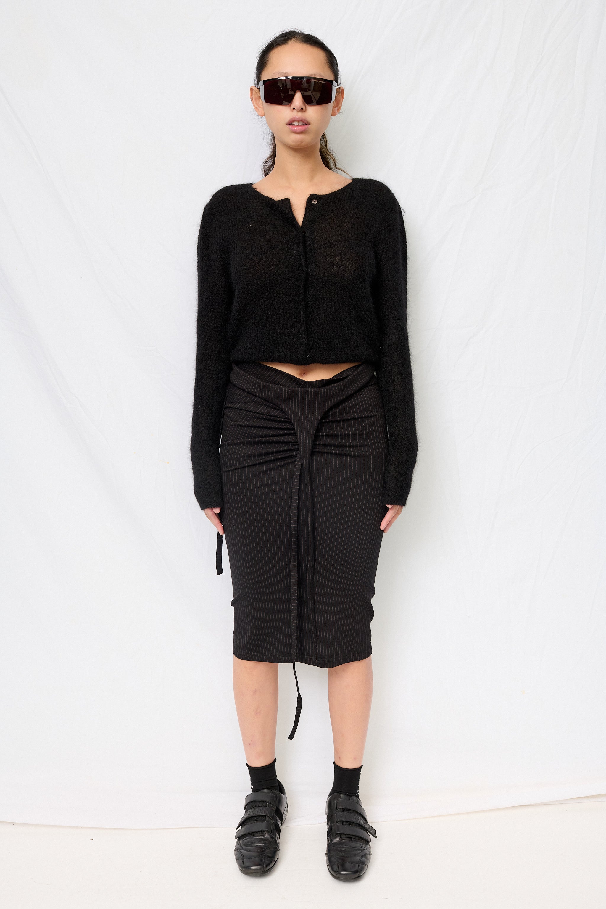 Black Pinstripe Twisted Pencil Skirt