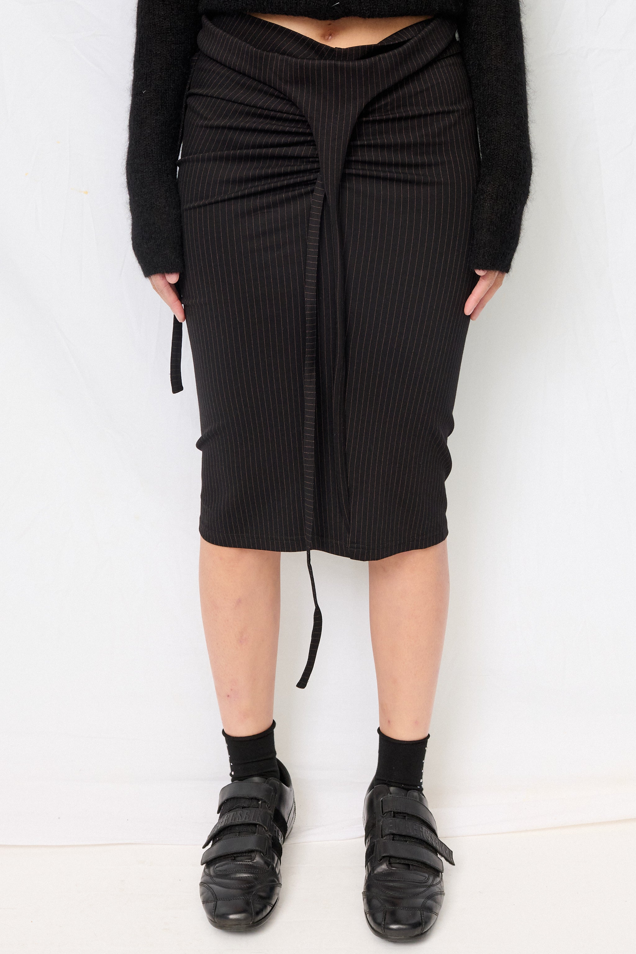 Black Pinstripe Twisted Pencil Skirt