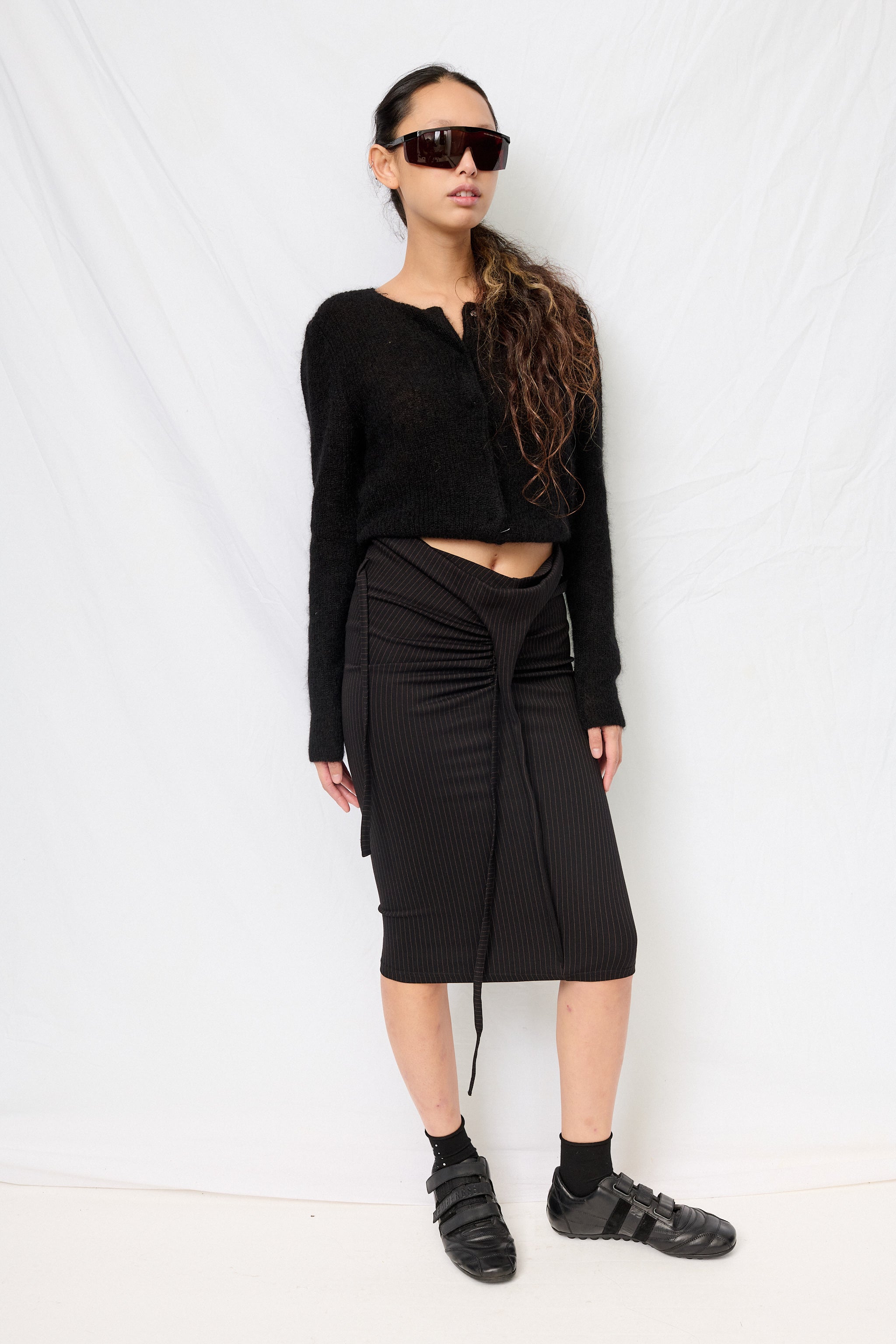 Black Pinstripe Twisted Pencil Skirt