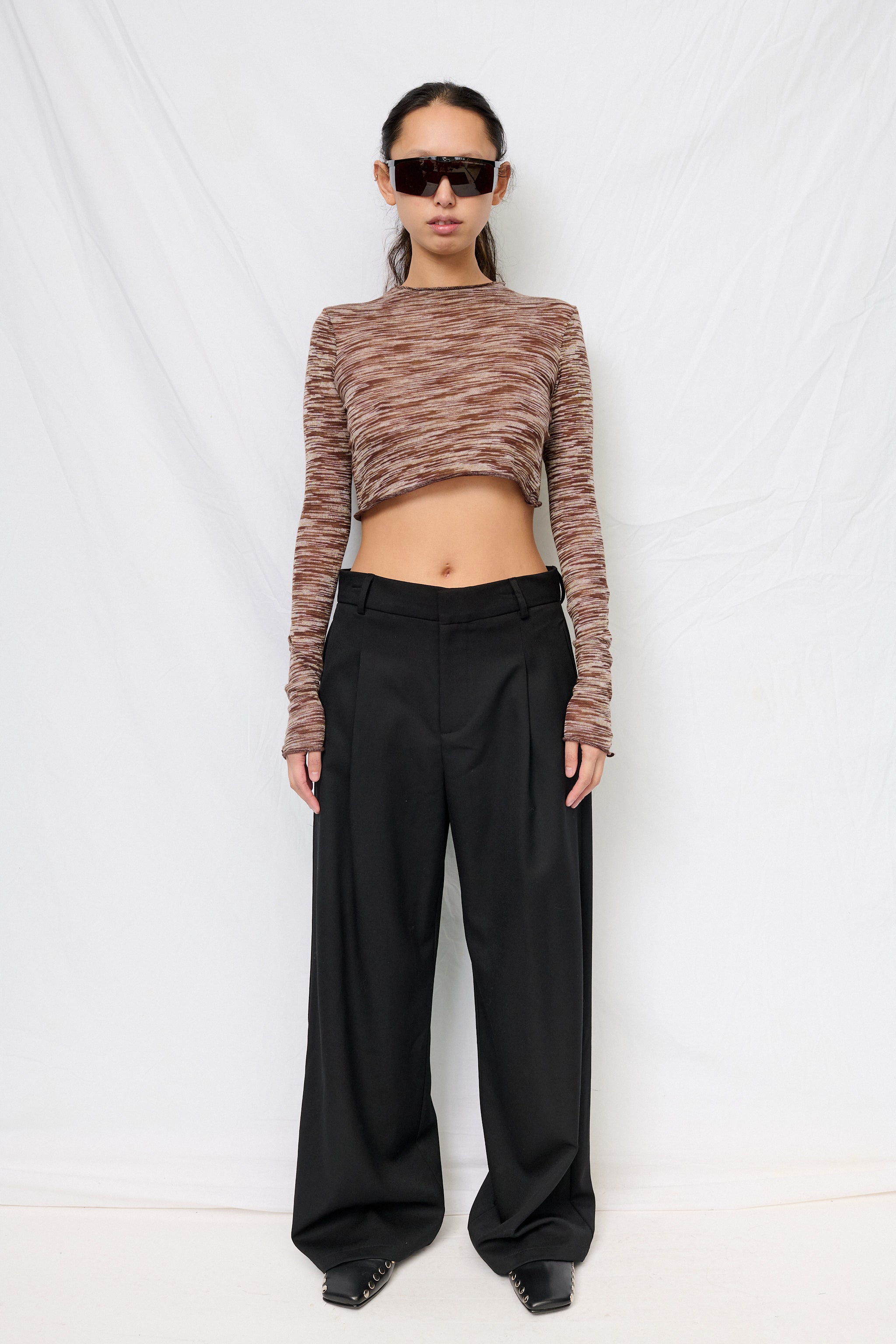 Brown Variegated Knit Crop Long Sleeve Mockneck